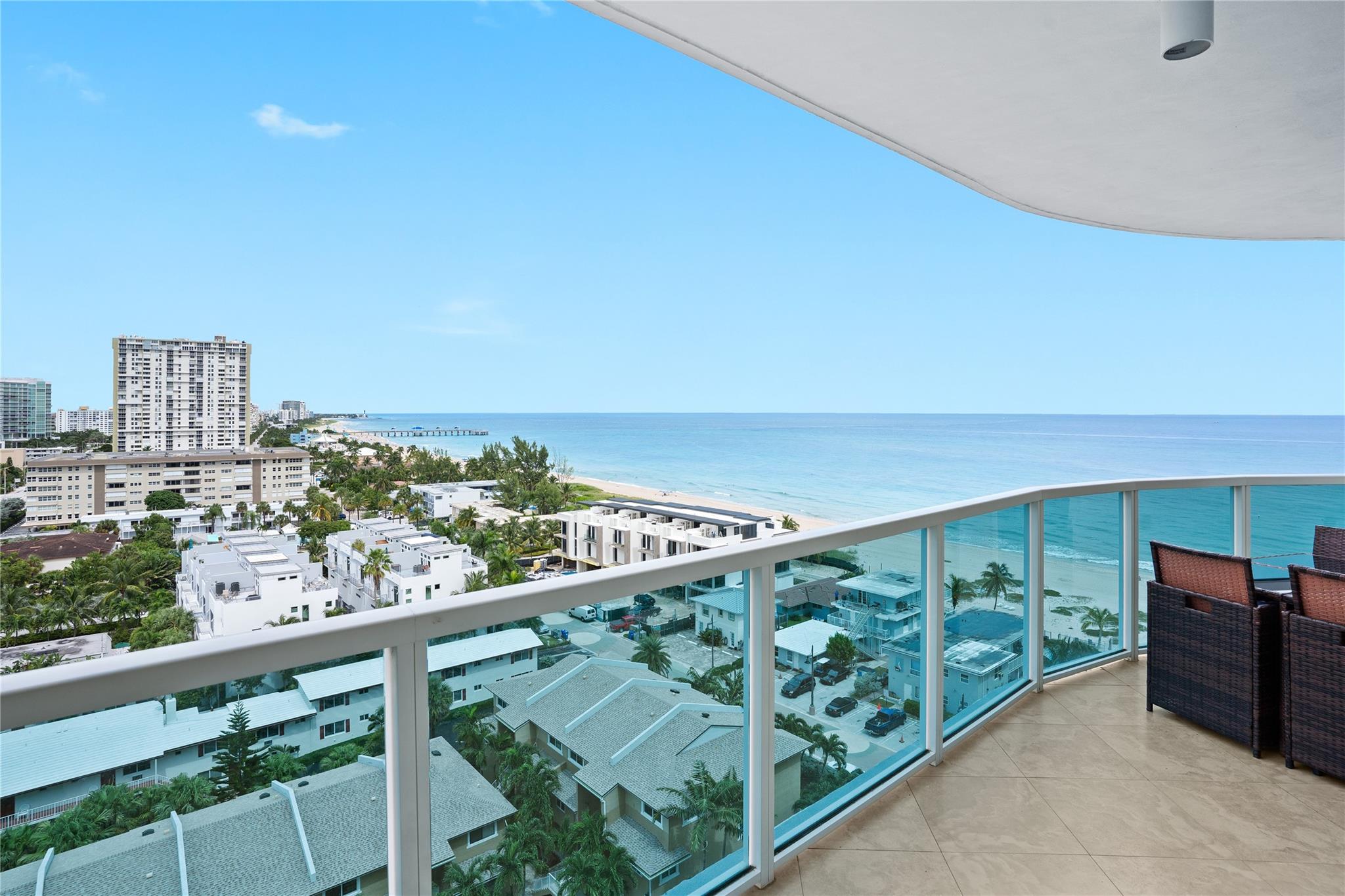 Step off your private elevator to mesmerizing UNOBSTRUCTED OCEAN views going all the way up the beach. Entertainer's dream floor plan with 30' open living and dining area overlooking the shore and leading out to the large balcony. Master suite with ocean views, 2 walk in closets, dual vanities, glass shower and spa, remote black out blinds, and balcony access. Large kitchen featuring pantry, bar top, stone counters, and wet bar. 2nd bedroom features intracoastal views, walk-in closet, and balcony, 3rd bed with custom glass wall with blackouts. Modern Boutique building of 64 residences, no assessments, HOA w/ reserves, private beach club with pool, jacuzzi, cabana and bbq. Fitness center, garage parking, pet friendly. Steps to some of Pompano's best restaurants, shops, marina, and pier.