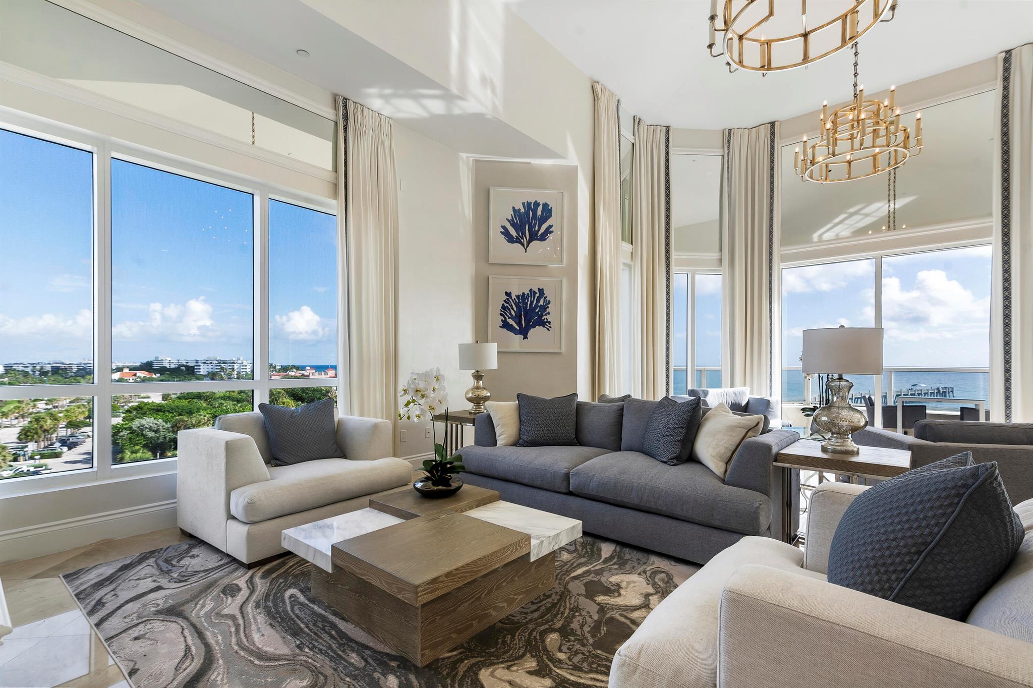 This luxurious penthouse at The Bellaria is truly a ''mansion in the sky''. It boasts over 7,500 total square feet of grand living space and 16-foot soaring ceilings with fantastic ocean and Intracoastal views. With over 2,900 square feet of private sprawling terrace space, this meticulously maintained residence features a chef's kitchen, four gracious bedroom suites, a formal office, and two spacious living rooms. PH4 also comes with its own private two-car garage, perfect for any collector. This penthouse is located in Palm Beach proper and is within walking distance to The Four Seasons, fine dining, and just a bike ride away from the award-winning Eau Spa. Indulge in top-tier newly renovated amenities - from the gorgeous new lobby, private tennis and pickleball courts, to a rejuvenating pool/spa, as well as The Bellaria's exquisite club room, gym, theatre, poker room and designated beach area. This pet-friendly building has a welcoming, friendly staff. A penthouse truly beyond the ordinary.