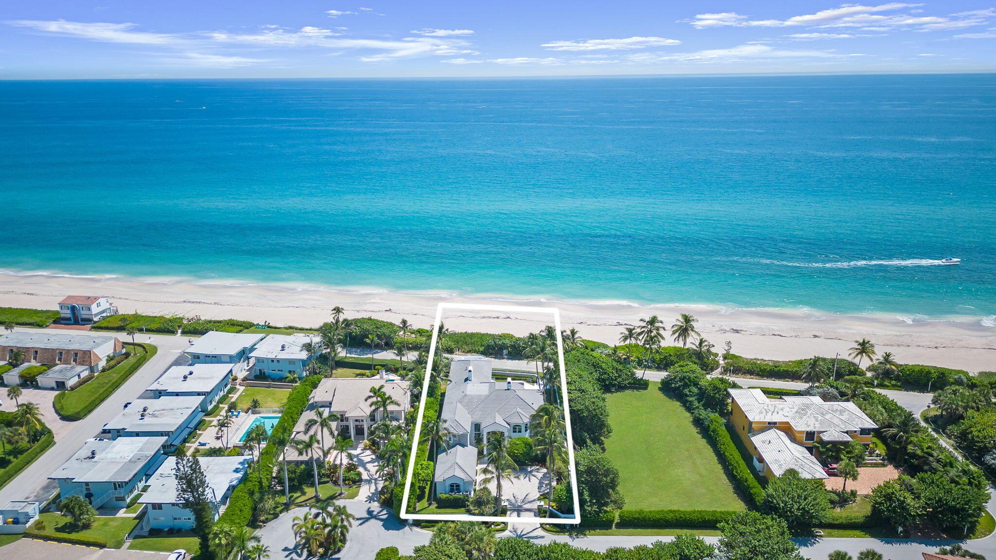 This fully renovated, oceanfront estate, is a rare turnkey opportunity. Nestled on a 3/4-acre lot with a stunning 100' private stretch of direct oceanfront just minutes from Palm Beach International Airport, the Island of Palm Beach, West Palm Beach and Delray Beach!This like-new, fully furnished property boasts over 10,000 square feet of luxurious living space. The estate features 6 bedrooms, 5.1 bathrooms, and breathtaking ocean views from nearly every room. Enjoy a private beach deck complete with a fire pit, outdoor kitchen, and heated pool.The home is designed with soaring high ceilings throughout, 2 main-floor suites, controlled wine storage, gas fireplaces, a safe room, and an in-law suite with a kitchenette. Additional amenities include an elevator, a 3-car garage, a garage workshop area,and a location on a quiet cul-de-sac with a gated private driveway. All this within minutes from A rated public and private schools, Delray Beach &amp; Atlantic Ave, The Island of Palm Beach, and Palm Beach International Airport. Don't miss this hidden gem!