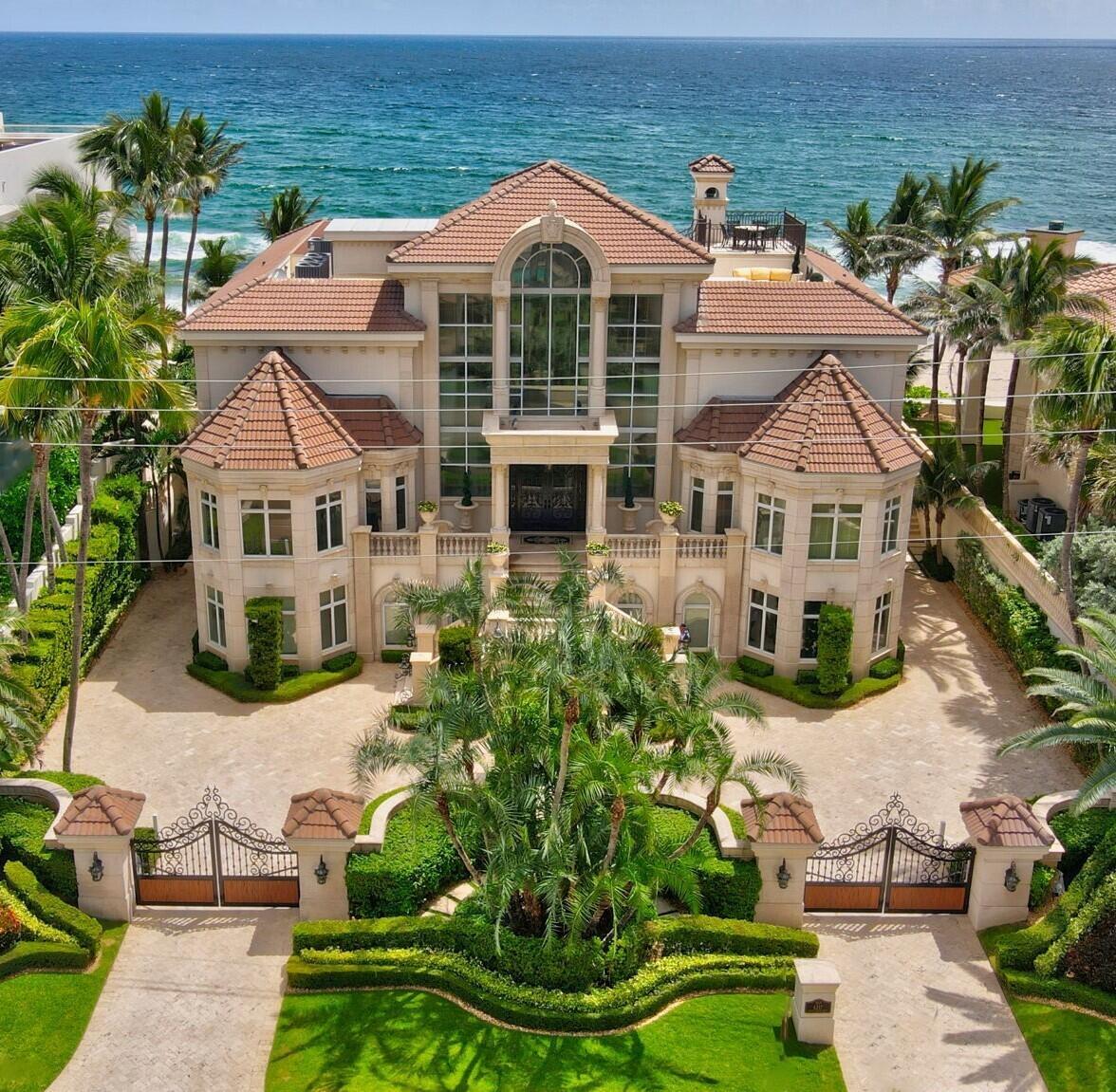 Located in the small idealistic Palm Beach, FL coastal Town of Highland Beach.Walk just 15 feet out your back door to your own 11,000 square foot private beach and gorgeous red reef at this breathtaking Estate that boasts 6 bedrooms, 6 full bathrooms, 2 half baths, elevator, 3 kitchens (gourmet, second, and summer) for fabulous entertaining, a world class gym area, a 12- car drive through air-conditioned garage and car showroom, 2 separate ground floor suites with exterior ingress and egress, oceanside saltwater pool and spa with a swim up bar, cabana room with private outside saltwater spa, large poolside covered loggia, roof top terraces for private sunbathing, alfresco dining and unobstructed views of sunrises and sunsets, large drive through front motor court with double monitored security gates &amp; over 12,000 square feet of air-conditioned living space all resting behind a 17-feet above sea level engineered ocean seawall! 
Enter the large marble paved motor court through one of two sets of controlled state-of-the-art security gates to lush landscaping, the sound of a beautiful fountain, and a grand double entry staircase to the main front portico or enter through the air conditioned 12 car drive-through-garage and take the elevator to any of the 3 other floors.
Upon entering the foyer, experience stunning architecture with detailed unique and intricate designs. Admire the double marble staircase, soaring 35' high ceiling, and the extraordinary ocean view over the oceanside patio and saltwater swimming pool and spa through the grand salon's wall of 20' high Low E impact windows.
Included is a full house natural gas driven electric generator along with a new roof and mostly new mechanical with existing warranties. 
Spend your days admiring ocean views poolside, from 3,400 square feet of marble balconies and terraces and from nearly every window or entertain your friends and family in pure oceanside luxury.
Ideally situated in the center of Palm Beach's best restaurants, shops, entertainment, financial institutions, and airports within minutes to Mizner Park, Atlantic Avenue and the Boca Raton Private International airport.