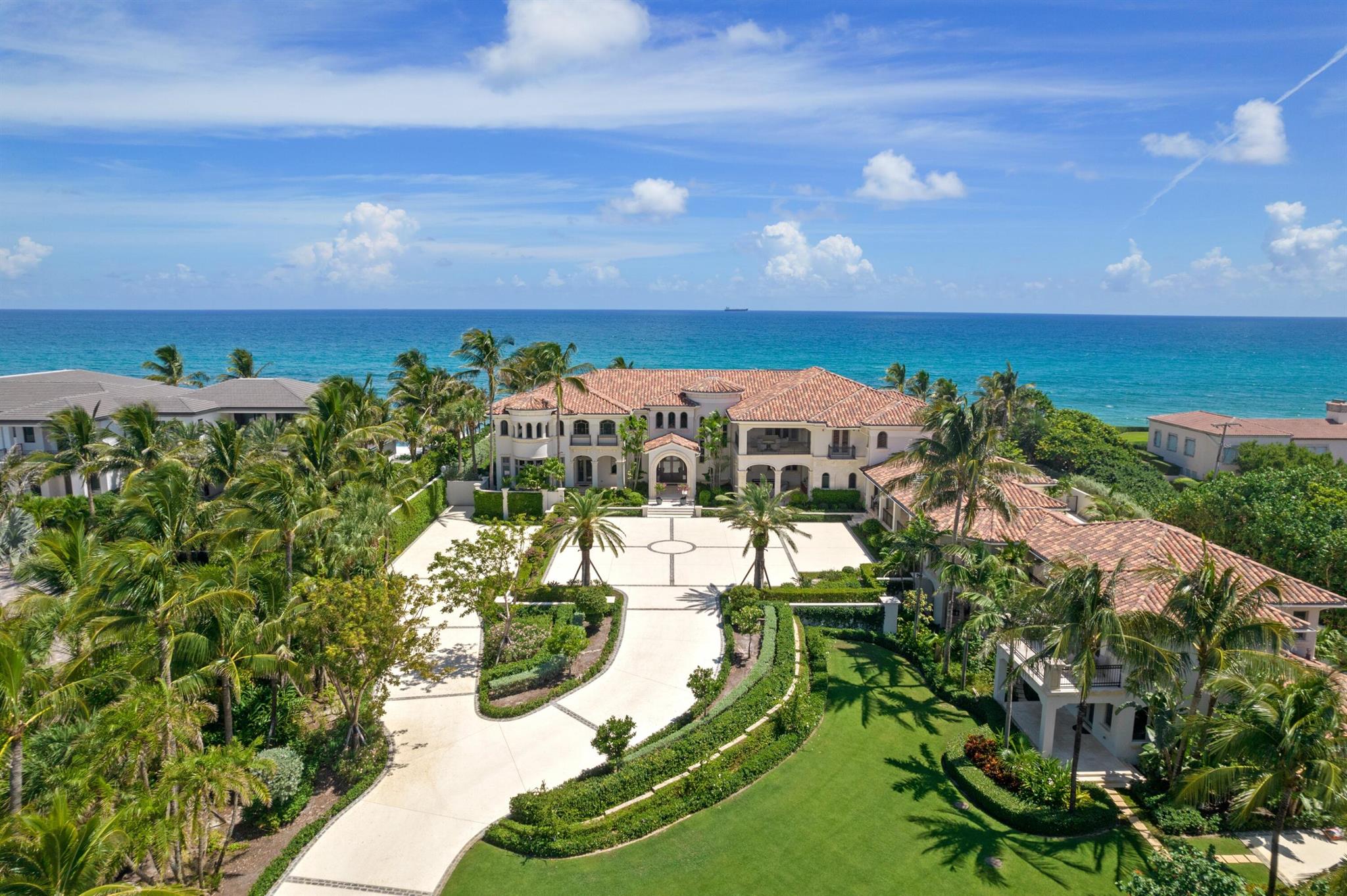 Welcome to 1040 S O Ocean Blvd, an exquisite ocean-to-intracoastal compound along a coveted stretch of beach in the exclusive enclave of Manalapan, FL. Boasting 200+/- feet of Bahamian blue water frontage directly on the sand and another 200+/- feet along the Intracoastal waterway, this Mediterranean compound features a soaring great room, multiple wet bars, poolside ocean loggias, a private primary wing along with separate guest house, and a 5 car garage. Including 8 bedrooms,12 bathrooms, and 25,399 total square feet of living space all situated on a 2+ acre waterfront lot, the residence boasts all of the modern amenities and special features which prime the estate for immediate enjoyment. Additional highlights of the home include the oversized, brand new modern pool with European ancillary tents. A recent landscape renovation by Lang Design Group Landscape Architect included a $250,000 landscape lighting page.  Including 8 bedrooms,12 bathrooms, and 23,795 total square feet of living space all situated on a 2+ acre waterfront lot, the residence boasts all of the modern amenities and special features which prime the estate for immediate enjoyment.