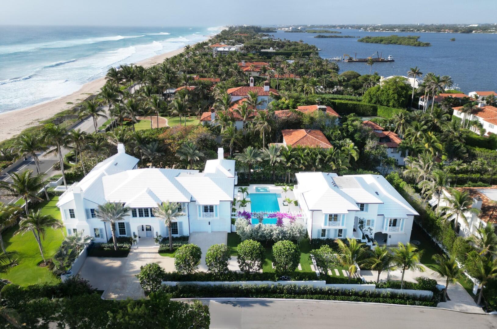 Spectacular New Construction Oceanfront estate prominently positioned on Billionaires Row with sweeping ocean views. This stunning Oceanfront compound is comprised of main house, guest house, and rare tunnel to a beach cabana. Beautiful Bermuda exterior paired with pristine transitional interiors. Highlights include 8BR/12.3BA, 16,500+/- total square feet, garages for 6 cars, generator, and fantastic outdoor living spaces. Fantastic high elevation with a full basement level with wine cellar, game room, yoga studio, and full bar. Stunning Primary Suite with morning bar, dual baths and closets, and oceanfront balcony with beautiful sunrise views. No detail has been overlooked with beautiful custom finishes and the finest craftsmanship throughout. Entry foyer leads to formal sitting room and grand stair hall. Formal dining room opens to oceanfront family room. Gourmet eat-in kitchen with top-of-the-line appliances and two islands. Game room with wet bar and fireplace. The upper floor features stunning primary suite with beautiful French doors that open to expansive oceanfront balcony that boasts breathtaking Sunrise views. Morning bar and built-in shelving. Dual walk-in closets and luxurious bathrooms with balconies. Additional upper-level guest bedrooms with beautiful en-suite bathrooms. 

Basement level features great room with bar, wine cellar, and exercise room. 

Fully equipped guest house with beautiful great room that opens to covered loggia, two guest suites on the main floor, and exercise room in the lower level. VIP guest suite on the upper floor with sitting room, walk-in closet, large bath with dual sinks, and oversized terrace.

Sprawling outdoor spaces with covered loggias, covered and open balconies, and courtyard with pool and spa that serves as a peaceful and private oasis. Additional highlights include summer kitchen, two garages with space for 6 cars, and generator. Meticulous landscaping by Environmental Design Group. Convenient access to the beach and oceanfront cabana through rare private tunnel.

Located in one of the most desirable areas of Palm Beach just minutes from Worth Avenue's renowned shopping and dining, the ever growing Downtown West Palm Beach, top-tier schools, and the Palm Beach International Airport. The home beautifully embraces the Palm Beach Island lifestyle.