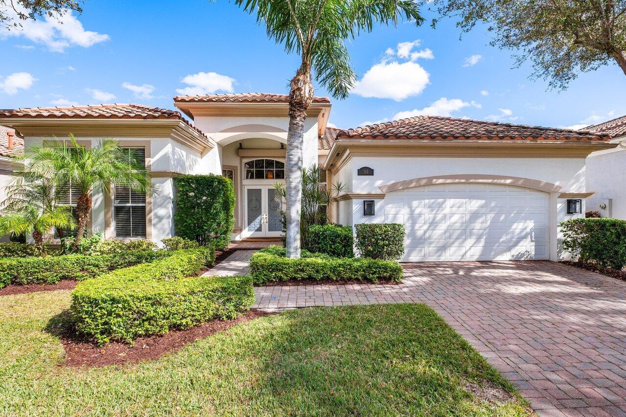 Soaring ceilings compliment this fabulous 1 story home with 3 Bedrooms, 3.5 Baths & Office/Den with newer built-ins. Beautiful redone pool & patio. Garden & lake views from the Kitchen, Family Room & Master Bedroom in sought after Mirasol Country Club with Full Golf Membership. Impact glass, Phantom screen lanai, & whole house generator. All Bedrooms are ensuite.