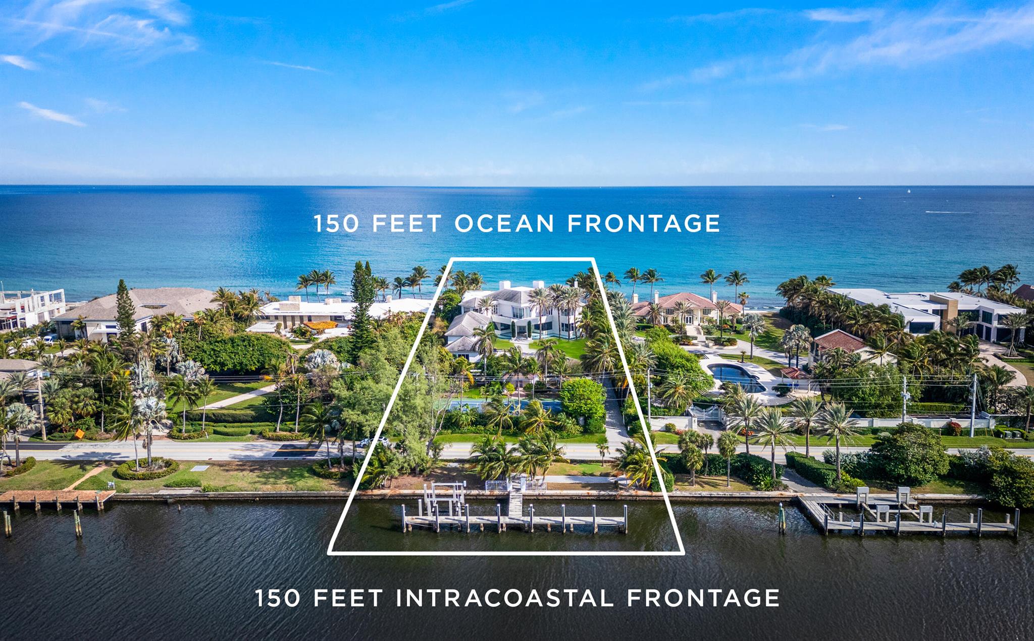 Featuring over 1.58 acres and 150 feet of direct ocean frontage and 150 feet of direct, deepwater intracoastal frontage with direct ocean access is 1200 S Ocean Blvd, an incredible offering in the Manalapan Ocean to Lake section. This is an amazing opportunity to renovate the existing home or build your dream home on one of the only remaining oceanfront buildable lots in the prestigious town of Manalapan. The current CBS home offers over 25,000 square feet of luxurious living space with 7 ensuite bedrooms and 8 full and 3 half bathrooms, a very workable floorplan with commanding ocean views, concrete tennis court, and a 5-car garage. Residents of this esteemed sea-side town, just minutes from Palm Beach and Worth Avenue, enjoy gratis access to the 5-star Eau Hotel and Spa