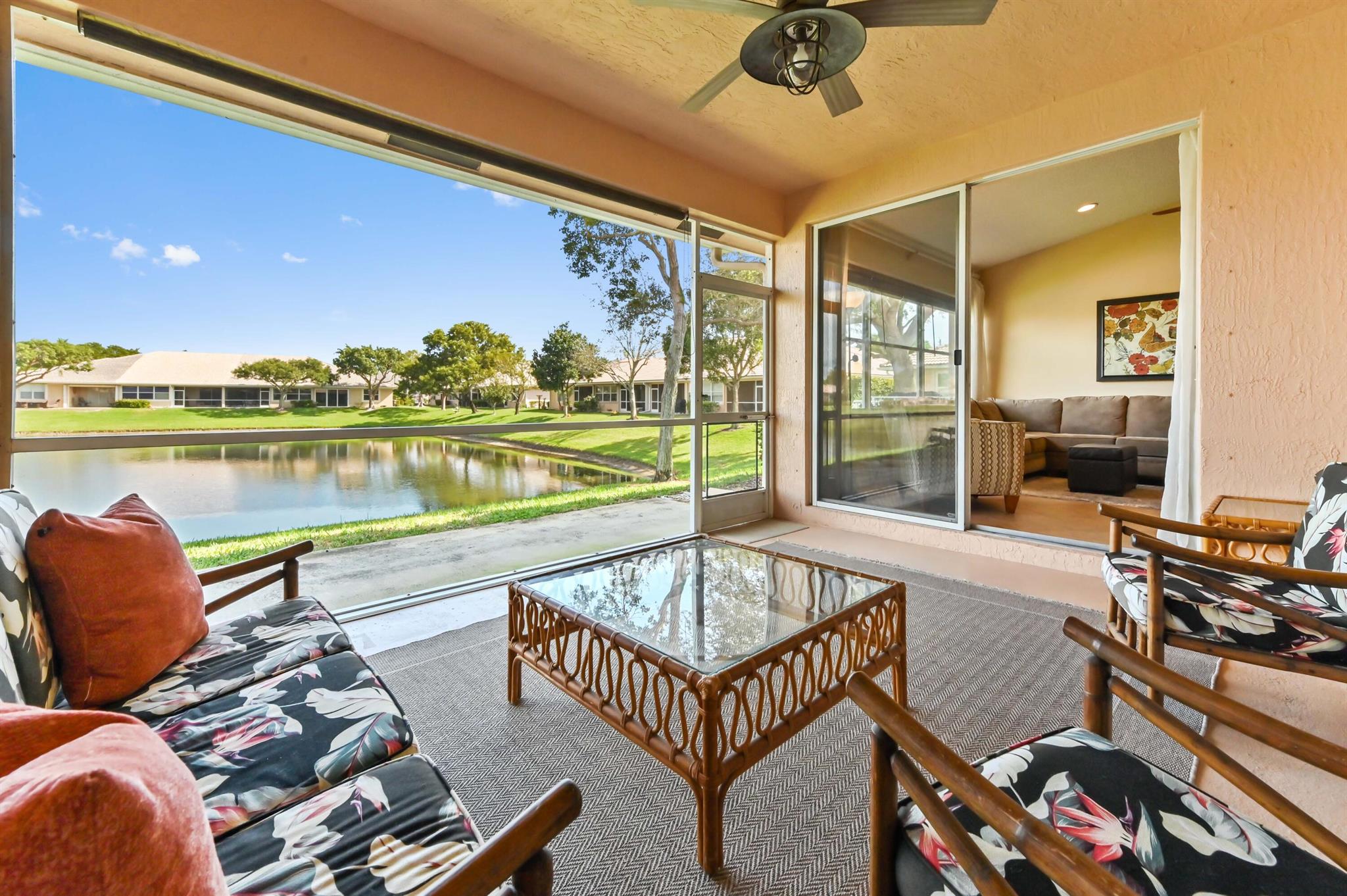 Enjoy your morning coffee in your screened lanai overlooking the peaceful lake views in this immaculate 2-bedroom, 2-bathroom, 1 car garage villa, quietly tucked away just minutes from downtown Delray Beach. The split floor plan boasts water views from the spacious primary bedroom and the open kitchen and living areas. The updated kitchen features granite countertops, stainless appliances, and upgraded tile flooring. The primary suite features soaring ceilings, dual sinks & a free standing shower next to your oversized soaking tub. Offered fully furnished, just bring your toothbrush! Rentable immediately. This gated community's low HOA fee includes alarm, landscaping, clubhouse, pool/spa, tennis, playground, billiards and fitness center. Under 2 miles from I-95 & close to FL Turnpike