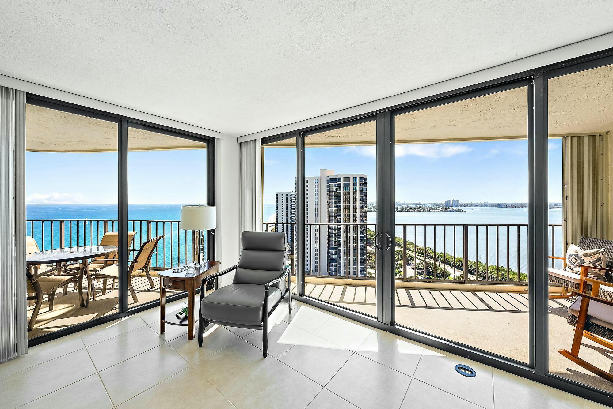Amazing Sunrise and Sunsets! High expansive views of the beach, intracoastal waterway, Palm Beach Island and West Palm Beach. This 2 bd, 2 bath unit has a great open split plan with access from everyroom through floor to ceiling impact glass doors onto the 2 covered balconies. Master bedroom suite with walk in closet. A/C 2021, tankless water heater. Enjoy great amenities including beach access, pool, fitness room, extra storage, community room, on-site management, and one covered parking space. Can lease after 1st year of ownership.