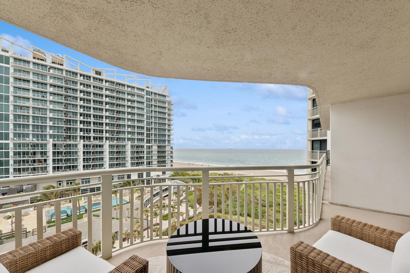 Stunning Oceanfront 2BR/2BA, designed with a classy, contemporary aesthetic and offered luxuriously furnished. A sleek open kitchen boasts stylish finishes, bar-top seating, and a bright airy ambiance. The primary suite provides a spa-like retreat with a brand-new oversized walk-in shower. Tiara offers a resort lifestyle with valet, 24/7 concierge, and a manned gate. Amenities include a guest suite, heated pool, separate jacuzzi, tennis, pickleball, men's and women's fitness centers with steam and sauna, billiards, library, and card room. Enjoy the beachside restaurant - eat-in or delivery and the 43rd-floor Marquis Lounge with 360-degree views and nightly dinner. Just 15 mins to premier shopping, dining, and entertainment, 20 mins to PBI.