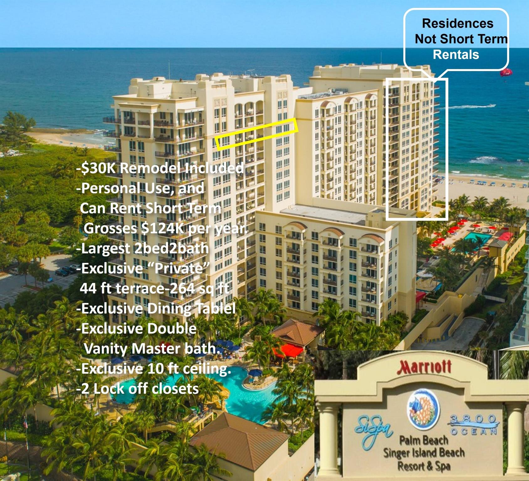 Includes $30K ''Coastal'' remodel; see photos. Exclusive rarely available 1 of 6 model condo, 19th Fl, Largest 2bed 2bath. Exclusive Private 44 ft Terrace=264 sq. ft.=1514 sq. ft. total, Dining Table, Double vanity master, 10ft ceiling. Good Investment-Family Use-2nd home-1031 Exchange. Can rent Short Term-Grosses $120,000+/Year, Profit $45K-$55K/5.7%-6.7% per year, easily cover costs, ALL COSTS ARE TAX DEDUCTABLE. South Sun side Oct 15-March 31, north side does not get sun. Exclusively OWN 365 DAYS OF YEAR at Exclusive ON-THE-SAND Luxury Full-Service Amenity Hi-Demand PALM BEACH MARRIOTT SINGER ISLAND BEACH RESORT & SPA, Palm Beaches ONLY All-Condo ''Ocean-Front'' Resort-Not TimeShare. 3 restaurants-2 pools-Spa-Gym. Condos here are privately owned. Monthly Fees $3379=Staff-Electric-Ins,