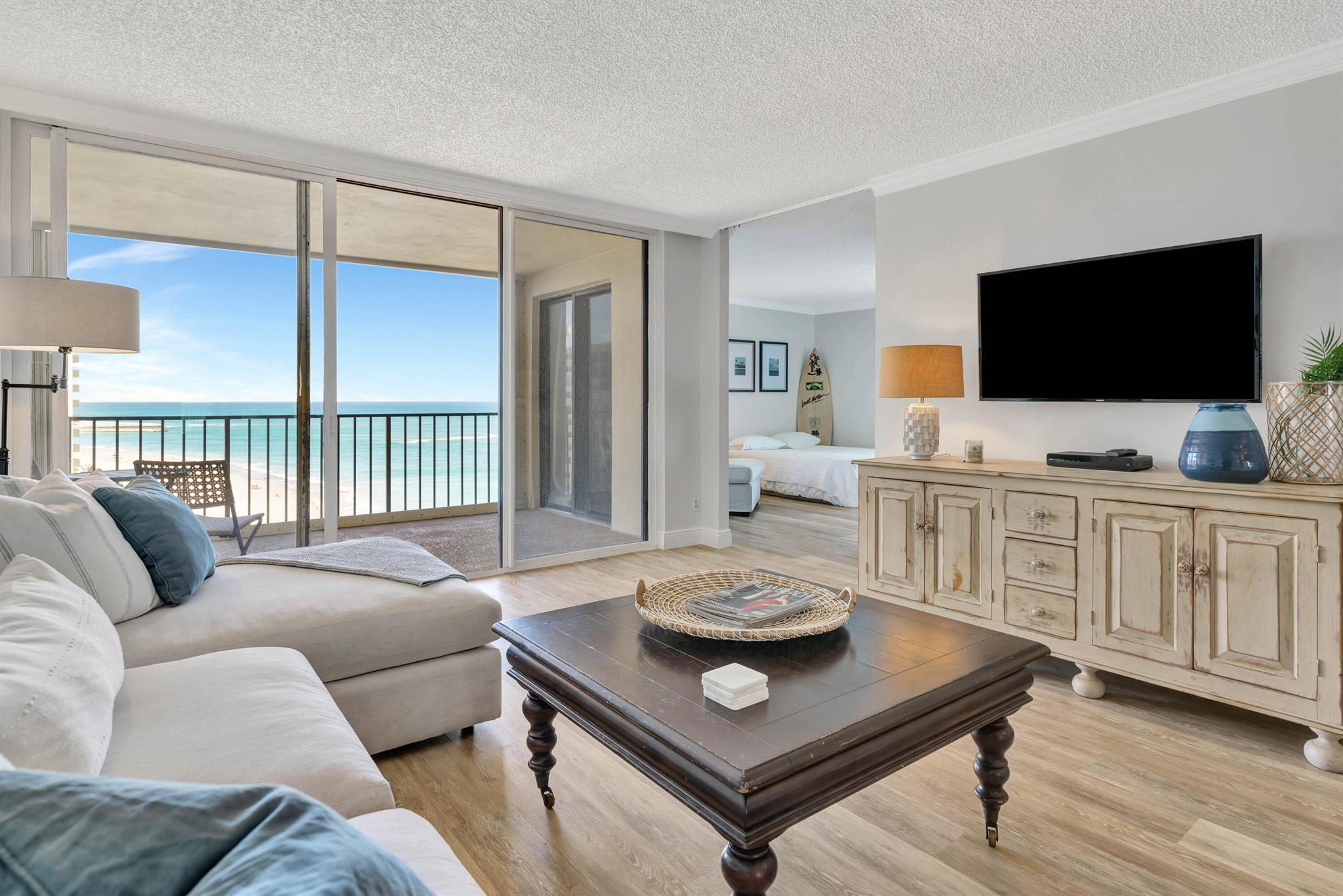A desirable higher floor, corner unit offers magnificent panoramic ocean views in every room. Each bedroom, catch the soft glow of the morning sun rising along the SE shoreline of Jupiter Beach.Ocean Trail is a coastal living resort style oceanside community. A 24 hour-manned security gate. Amenities include heated pool, spa, sauna.  Several outdoor gas grills for residents are provided near the pool deck. Private secured garage parking with plenty of parking outside for guests.Close to many of Jupiter's sought after attractions, waterfront dining, entertainment, water sports, paddleboarding, shopping.   A short walk to the par 3 Jupiter Dunes golf course.Milestone Inspection & SIRS reports completed with ample reserves for future improvements No Special assessments at this time