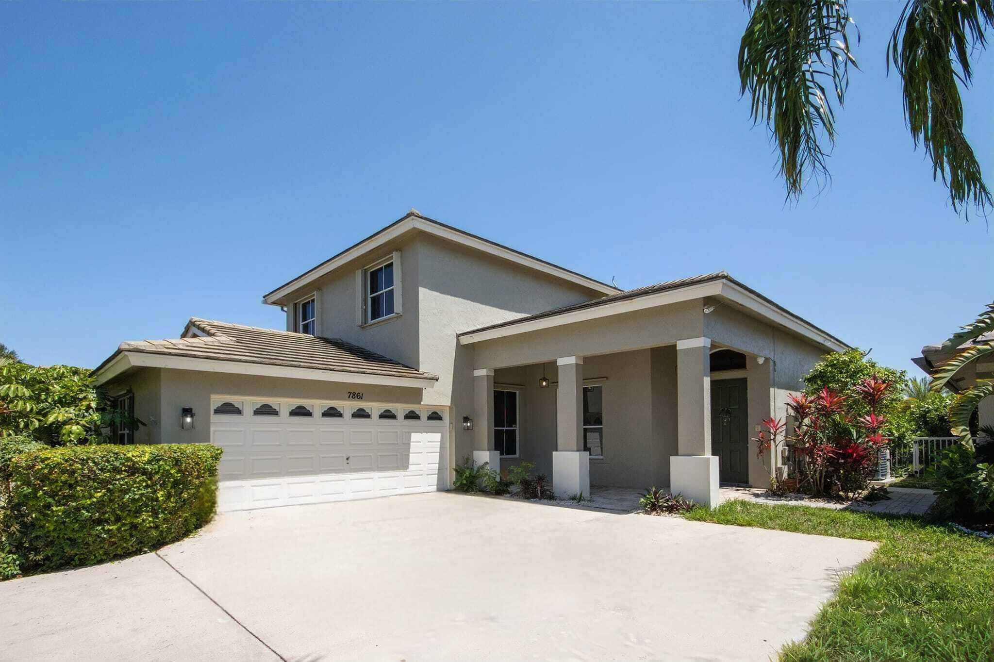 Gorgeous 2 storey, 3 bedroom home complete with 3 designer bathrooms and office/guest room in the most sought after community in the area. Spacious Living, Dining, and Family rooms with separate breakfast nook & bar with luxury laminate & tile flooring. Master Suite features Southern exposure, vaulted ceilings, large walk-in closet, unique, huge double shower & vanity. Large lush privacy backyard with Diamond Brite pool, pavers, patio plus featured marquis. Air Conditioner 2022. Hurricane shutters. Fully finished 2 car garage. Move in ready, fully renovated superb home. Pet friendly community with low HOA, includes cable, WiFi, pool, clubhouse and amenities. Ideally located, just minutes from A-rated schools, I-95, turnpike, restaurants, shopping, golf, places of worship, beaches and more