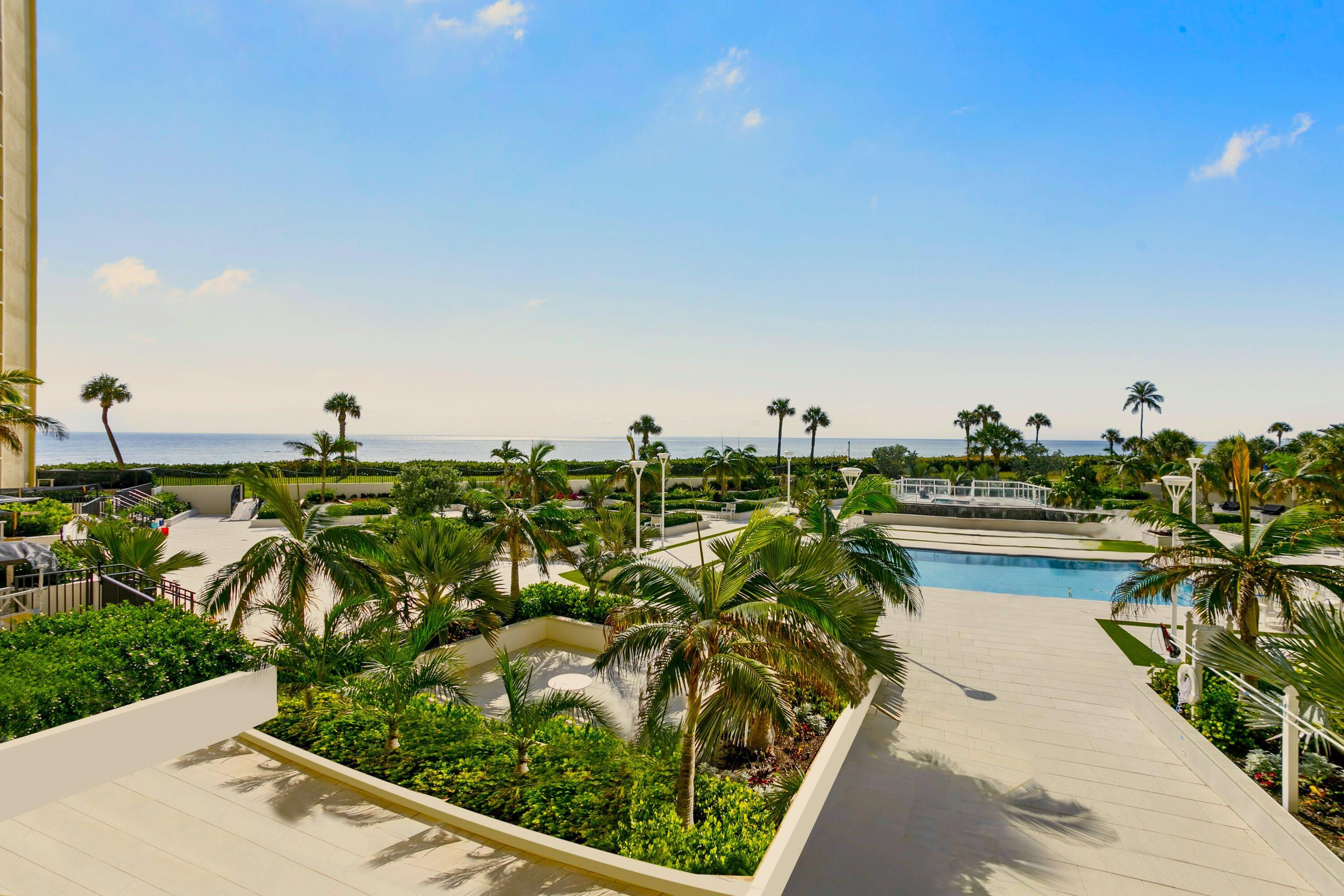 Expansive SE view from this 2nd floor condo in Ocean Trail which is located directly on the beach in Jupiter.    This center of the building location allows for the widest ocean view.  This building has undergone substantial renovations over the past 3 years, and all assessments are paid.   Brand new amenities include heated pool, spa, new gas grilling station. Also here for you is secure under building parking, 24-hour manned gate, a fitness room, tennis courts with an active seasonal pro shop, renovated and secure lobby entrance, social events, and of course direct beach access.  The east of A1A location = no street to cross to get to the sand. Ocean Trail residents appreciate gate access to the adjacent Jupiter Beach Resort. Two secure storage areas plus bike storage in the garage. This 2nd floor condo's southeast exposure means welcoming sunrise views, a warm sunny balcony even in the winter months, and a sun drenched pool deck well into the late afternoon hours.

Condo fee = $4457.31 / qtr + POA fee of $937.86 / qtr. This equals $1798.39 month for both. All special assessments are paid in full.