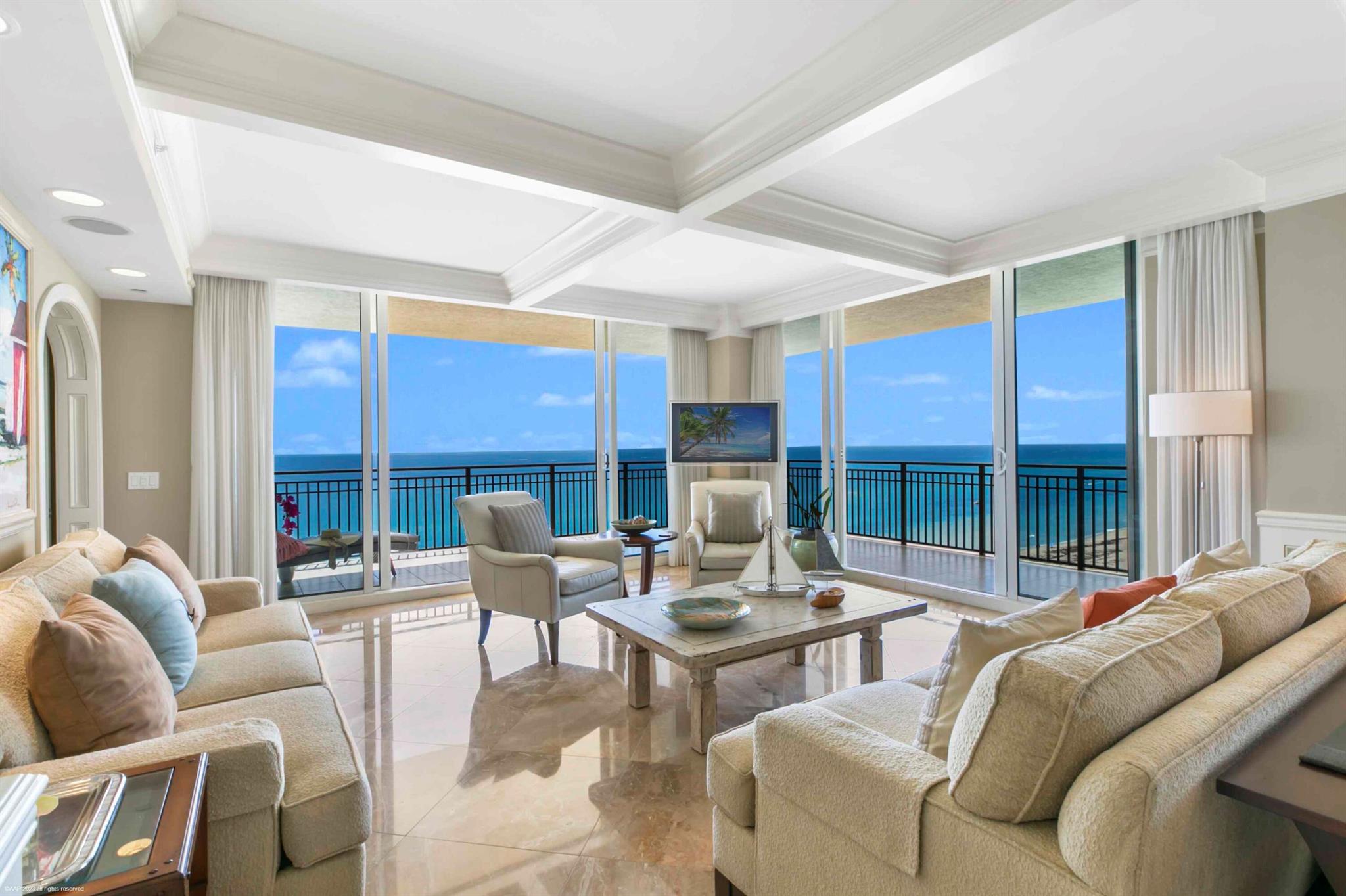 This rare 4 bedroom/5 bath ensuite, oceanfront gem at the Resort Residences of Singer Island, has spectacular direct, southeastern ocean and coastline views from every room. You can see south up the coastline as far as you can see all the way to the Breakers in Palm Beach. The immense wraparound terrace flaunts breathtaking, glowing views from sunrise to sunset! As a Master Builder's private residence, the entire domicile has been custom tailored. A private elevator opens directly into your home. From floor to ceiling you will feel the attention to architectural nuance. With Breccia Oniciata Marble tile at your feet and crown moldings, arches and coffered ceilings above your head, no detail has been spared. The Master bedroom suite has you living literally in the lap of luxury, where you wake listening to the waves roll onto the shore and welcome the day as the sun rises before your very eyes! Balcony access for your morning ritual and a gorgeous marble inlay with your personal spa style bathroom, featuring whirlpool tub, extra-large shower, bidet and his and her vanities. The kitchen is equipped with state-of-the-art Viking appliances and a marble island and bar for easy entertainment. The Resort at Singer Island features 2 pools, a lagoon style pool, waterslide and waterfalls, an infinity lap pool with cabanas, 8500 square foot spa and fitness center, movie theater, billiards room, restaurants, bars, concierge, and valet parking as well as your own private wine locker within 3800 Ocean Restaurant Bar and Lounge to be accessed and served by waitstaff at your desire. The Resort at Singer Island was built in 2007 as a luxury resort and private residence featuring 239 all-suite 1- and 2-bedroom hotel units and 66 private 3- and 4-bedroom residential condominiums. The extraordinary private section is made up of 4 residences per floor with private elevators. The private residence section has its own full-time manager and staff, movie theater, billiard, and social rooms. The Resort also includes 4,000 square feet of meeting space, an 8,500 square foot spa. Butler service, valet attendants and a full-time concierge enrich residents and guest's experiences and activities including coordination of private events, theater tickets, dinner reservations and travel arrangements. Dining options available to residents include an alfresco ambiance at the oceanfront eating, the convenience of room service, or catered special events held at the Resort grounds, and a wine room that is available to store private wine collections.