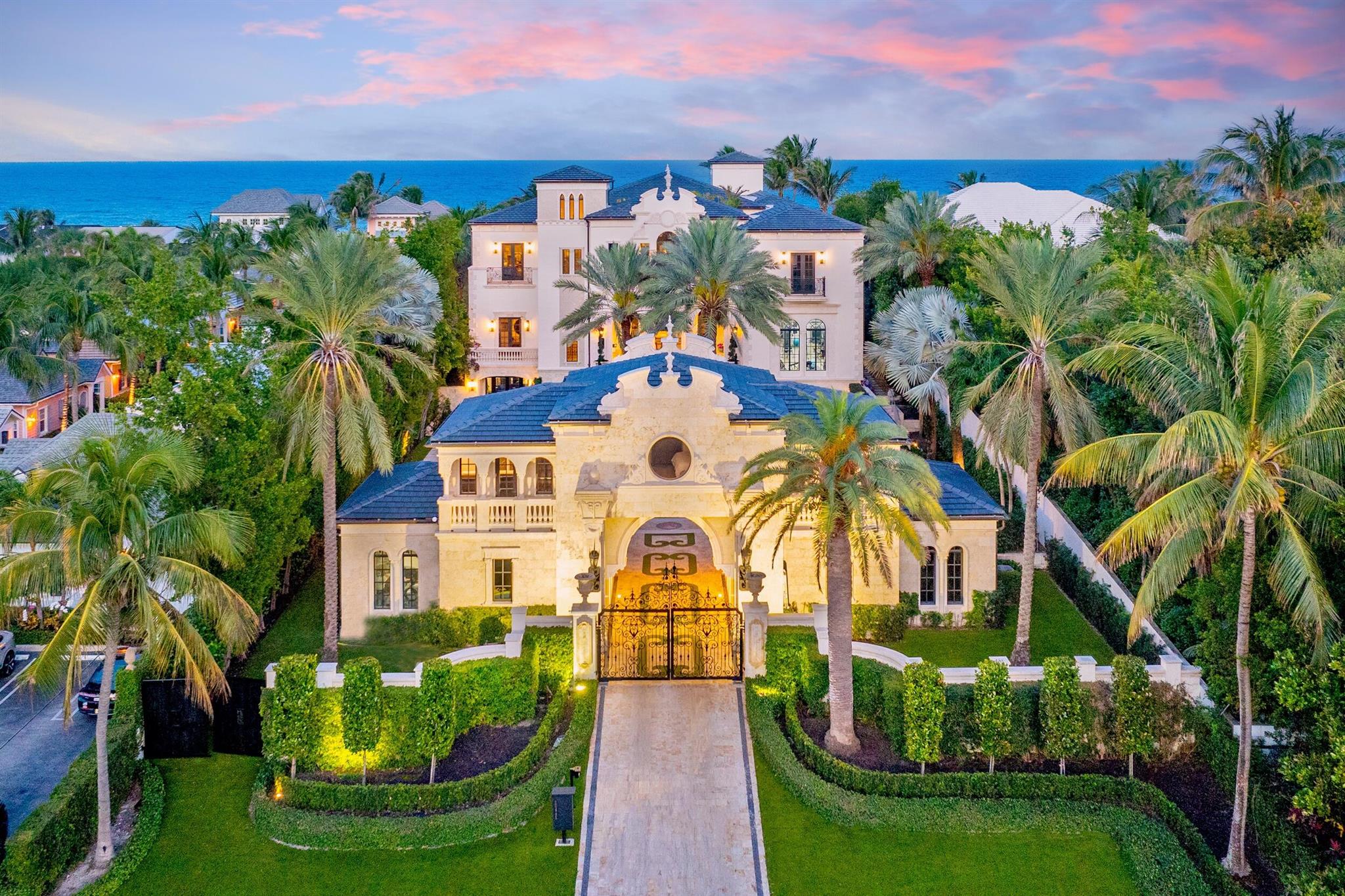''Mar Pietra'' stands as a bespoke palatial masterpiece, recognized as one of South Florida's finest oceanfront estates. This trophy home epitomizes contemporary Italian Renaissance opulence, showcasing the pinnacle of luxury through the world's finest materials, craftsmanship, and architectural ingenuity. Brilliantly staged behind private gates, the sprawling Mar Pietra compound at 2325 S Ocean Boulevard in Delray Beach boasts a rare one acre oceanfront sanctuary, featuring an expansive lawn stretching to the sand and a resort-style pool, creating an unparalleled retreat. An aura of sophistication and grandeur graces the exterior spaces where the interplay of impeccable gleaming limestone from Yucatan, lush tropical landscaping, and the captivating elements of fire and water converge against the backdrop of pristine ocean vistas.

A palpable sense of sophistication and grandeur graces the exterior spaces, This unique fusion culminates in an unparalleled setting, boasting a resort-style pool, cascading water features, an elevated lounge area with a spa jacuzzi, and bespoke mosaic inlays that adorn every corner.
Embark on a journey through an outdoor haven reminiscent of the splendor of the Vizcaya Museum and Gardens in Miami, where every detail is meticulously crafted to evoke a sense of majestic beauty and timeless elegance.

The grandeur of Mar Pietra unfolds within its vast 31,387-square-foot expanse, encompassing 23,136 square feet under air. Inside, a sanctuary of luxury awaits, boasting nine-bedroom suites, 12 lavishly appointed full baths, and seven tastefully designed powder rooms.
As you step inside Mar Pietra, a succession of captivating scenes unfolds before you. 
The drama begins in the awe-inspiring two-story grand foyer, 
where natural light dances and panoramic ocean vistas pour in through oversized glass pivot doors, illuminating the space from the floor to the meticulously hand-carved coffered ceilings. Throughout the estate, the timeless elegance of all-natural limestone sourced from the Yucatan peninsula, intricate stonework, and masterfully applied Italian artisan plastering serve as a testament to unparalleled craftsmanship and attention to detail.

In the library, a masterfully crafted Portoro marble fireplace imported from Verona, Italy, graces one side, while on the opposite end, an oceanfront lounge and full bar beckon for moments of relaxation and indulgence. Inspired by the grandeur of the Vanderbilt estate, the library reveals further treasures, including a Colombian wrought iron spiral staircase that ascends to a second-level wood-paneled private office. Here, a captivating Italian fresco masterpiece adorns the ceiling, painted by the skilled hands of Franco Degl'Innocent in Florence, Italy, adding an extra layer of splendor to this refined sanctuary.

As you traverse the walkway adorned with exquisite onyx stone inlay and intricate cross vault ceiling details, you are gracefully ushered into the primary suite, strategically positioned to capture the essence of the ocean's allure. Here, within one of Mar Pietra's most revered spaces, panoramic views beckon, offering a captivating panorama that enchants the soul.
Within this sanctuary of serenity, two dream closets await, providing ample space for the display and preservation of haute-couture treasures. Designed in a boutique style, these closets offer a luxurious setting for showcasing jewelry, clothing, and accessories in all their resplendent glory, allowing every exquisite detail to shine amidst the marbled opulence of the adjoining bathrooms.

The entertainment enclave boasts an array of lavish amenities, including a cinema-style theater, a sophisticated hotel-inspired bar and lounge, a dynamic game room, and an intimate wine connoisseur's sanctuary. For automobile enthusiasts, a car collector's dream car lounge awaits, complete with a dedicated viewing area to admire prized possessions. Mar Pietra can accommodate 13 cars.  
Further enhancing the estate's allure are additional highlights such as a gourmet marble kitchen and an inviting outdoor alfresco dining area, perfect for hosting culinary gatherings. An expanded family area offers ample space for relaxation and bonding, while a fully equipped porte-cochere guest house with a private entrance, reminiscent of the iconic Flagler Museum, ensures the utmost comfort and privacy for visiting guests.

Crafted by the visionary architect Randall Stofft and adorned with custom finishes by the renowned Martyn Lawrence Bullard, the epic two-story layout of Mar Pietra is a testament to unparalleled design and ingenuity. With every corner exuding sophistication and style, Mar Pietra invites you to expect the unexpected, as it redefines luxury living in the most captivating manner imaginable.