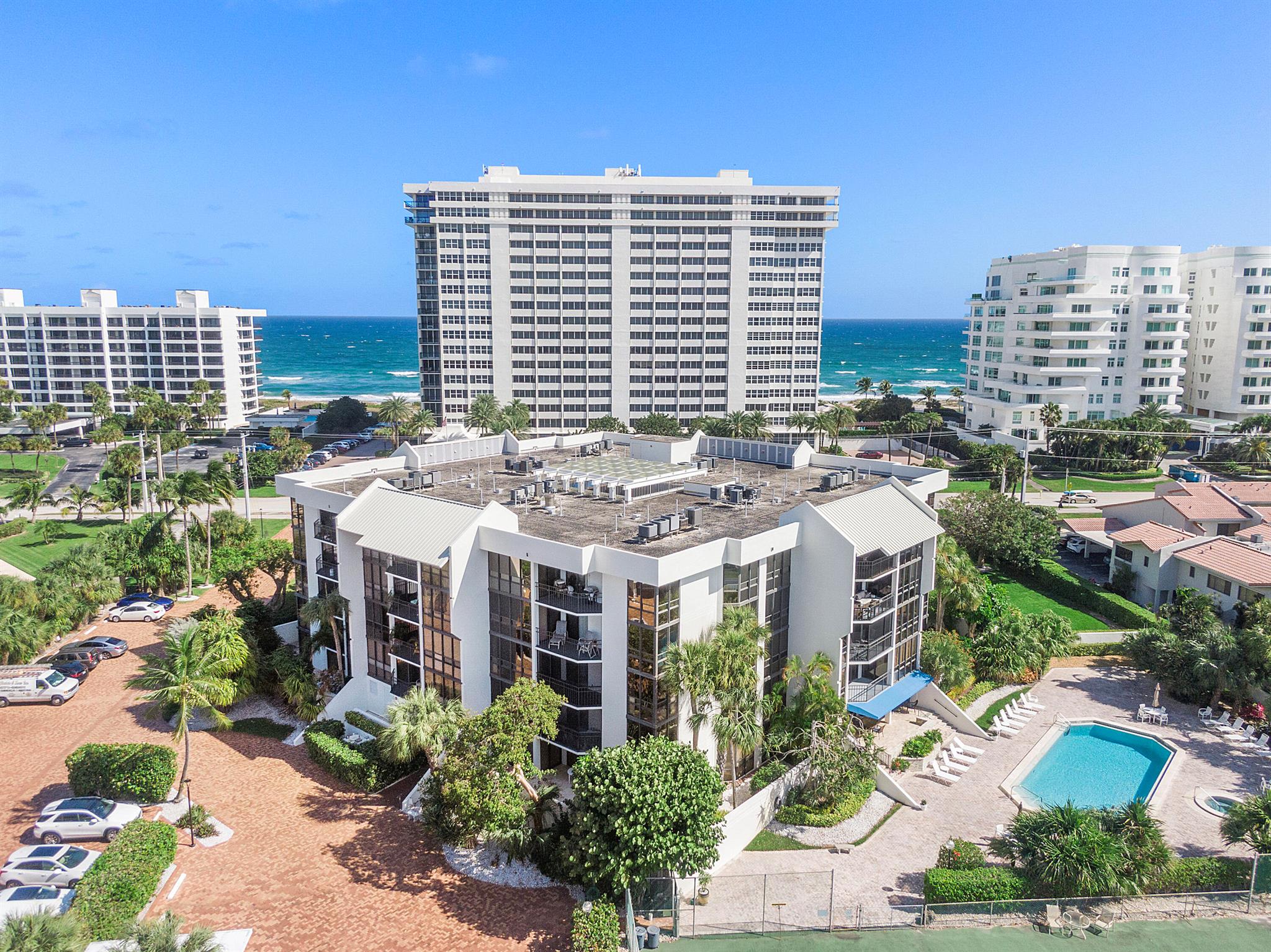 SPECTACULAR VIEWS await you!!! WELCOME to your new Beachside HOME!!  Amazing SUNSET views and SUNNY, BRIGHT daytime views of the pool, tennis court and one of Boca's most beautiful neighborhoods!As soon as you enter the double door entry, you will fall in love with the spacious open design. 24-inch X 24- inch marble flooring in the living area, kitchen and baths. Teak wood accents in the primary bath create a feeling of a relaxing spa with walk- in custom closet.  Each bedroom has easy care laminate flooring. Enjoy your fabulous balcony with access from each bedroom and the living room.The spacious open designed kitchen is equipped with stainless appliances, granite countertops and glass tile backsplash. Each luxury bath has a walk-in shower and all Kohler fixtures.  Priced to sell! Meticulously maintained and move in ready for you to enjoy your new SEASIDE SANCTUARY!
Crown molding accents all rooms and the balcony has one of the BEST VIEWS in BOCA RATON!
Convenient washer &amp; dryer, covered parking and smart thermostat
make this a perfect place to call home!
The Esplanade is ideally located on A1A in Boca Raton.
Beach access is just a few feet away. You will love the privacy of this BOUTIQUE building with unique courtyard entry.
Well maintained amenities include a resort-style pool and spa, tennis courts with pickleball, Bar-b que grill, community room, bike storage and a storage unit for your personal items. Indulge in the utimate BEACHSIDE lifestyle that awaits you! A MUST SEE!!!