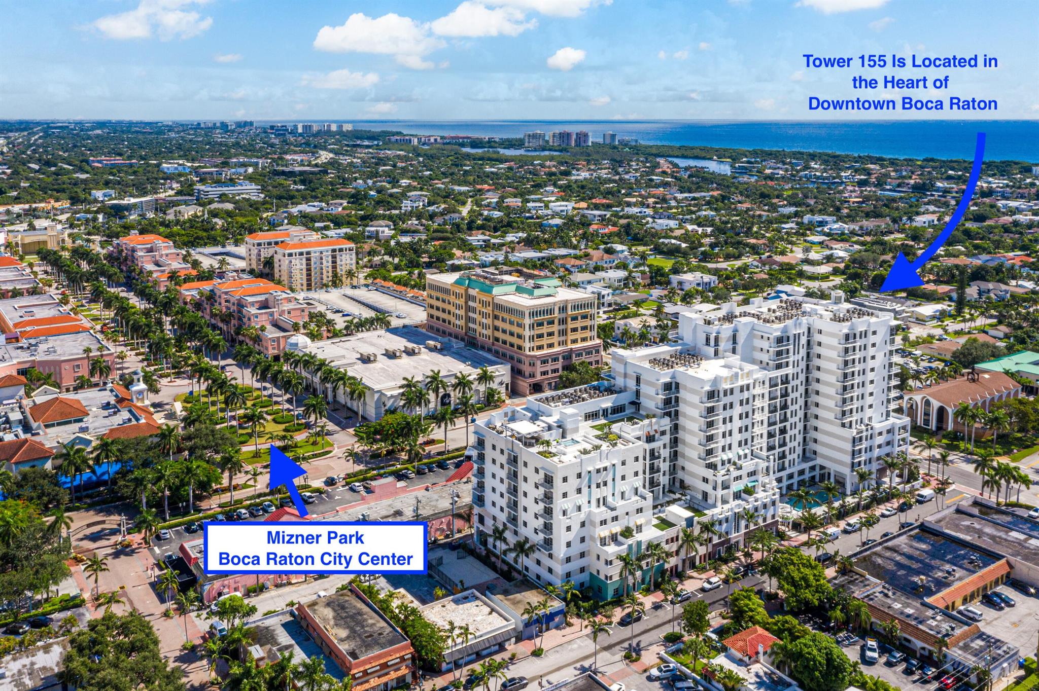 Indulge in breathtaking panoramic vistas of the Ocean, Mizner Park, and the city skyline from the expansive balcony of this impeccably furnished 2-bedroom, 2-bathroom condo. Step into a luminous and open interior boasting 10-foot ceilings and Italian porcelain flooring. The chef's kitchen is a masterpiece, featuring sleek cabinetry, quartz countertops, a glass backsplash, and top-of-the-line Bosch appliances. Retreat to the primary suite, where sliding doors open to the expansive balcony, offering serene views Boca Raton Downtown City Center. Enjoy the convenience of a walk-in closet and a luxurious dual-vanity master bath. The second bedroom is generously sized, complete with its own walk-in closet and a second full bath with dual access to the main hallway. Tower 155 is a luxury Condominium building with 24-hour doorman/security, a valet garage attendant, Concierge, Resort-style pool with cabanas, Rooftop Lounge and Bar, with panoramic city and ocean views, a News Cafe, Steam and Sauna, Lobbies and a Clubroom with catering kitchen.
Tower 155 is ideally located in the heart of downtown Boca, all within walking distance to your last line from Mizner Park, Royal Palm Place, shops, restaurants and less than one mile from the beach.