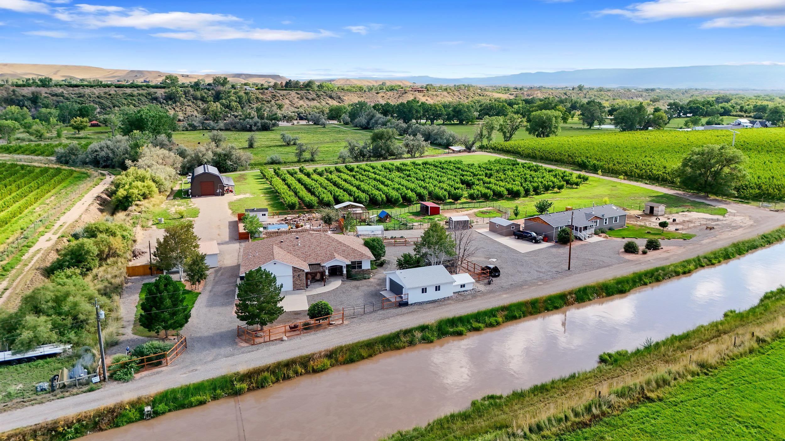 Don’t miss this rare opportunity to own a stunning 19-acre property that perfectly combines beauty, functionality, and income potential in picturesque Palisade, Colorado. This unique estate stretches from the Grand Valley Canal to the banks of the Colorado River, offering breathtaking views and endless possibilities. Key Features: Income-Producing Potential: This property includes two beautifully remodeled homes, ideal for rental or multi-family living. These homes were professionally remodeled by Big Dog Builders.  Peach Orchard: Enjoy a flourishing peach orchard with 3-year-old trees, perfect for agricultural ventures or personal enjoyment. Impressive Workshop: A spacious 1,800 sq ft shop with a 600 sq ft loft and walk-in refrigeration offers ample space for hobbies or business opportunities. Irrigation & Water Access: Benefit from a new irrigation system and 5 shares of irrigation water, ensuring your crops thrive in the sunny Colorado climate. Subdividable: This property can be subdivided into up to three lots, providing flexibility for future development or investment. Resort-Style Amenities: Relax by the stunning heated saltwater pool, designed to resemble a natural hot spring, surrounded by the scenic beauty of Palisade. Enjoy evenings under the elegant pergola while taking in the views of the Colorado River. There are multiple outbuildings, multiple garages, a sports bar, Speakeasy, and a historic Schoolhouse from the 1800's.  This remarkable property offers too many features to list and presents endless possibilities for the discerning buyer. Experience the charm of Palisade living and make this stunning estate your own!