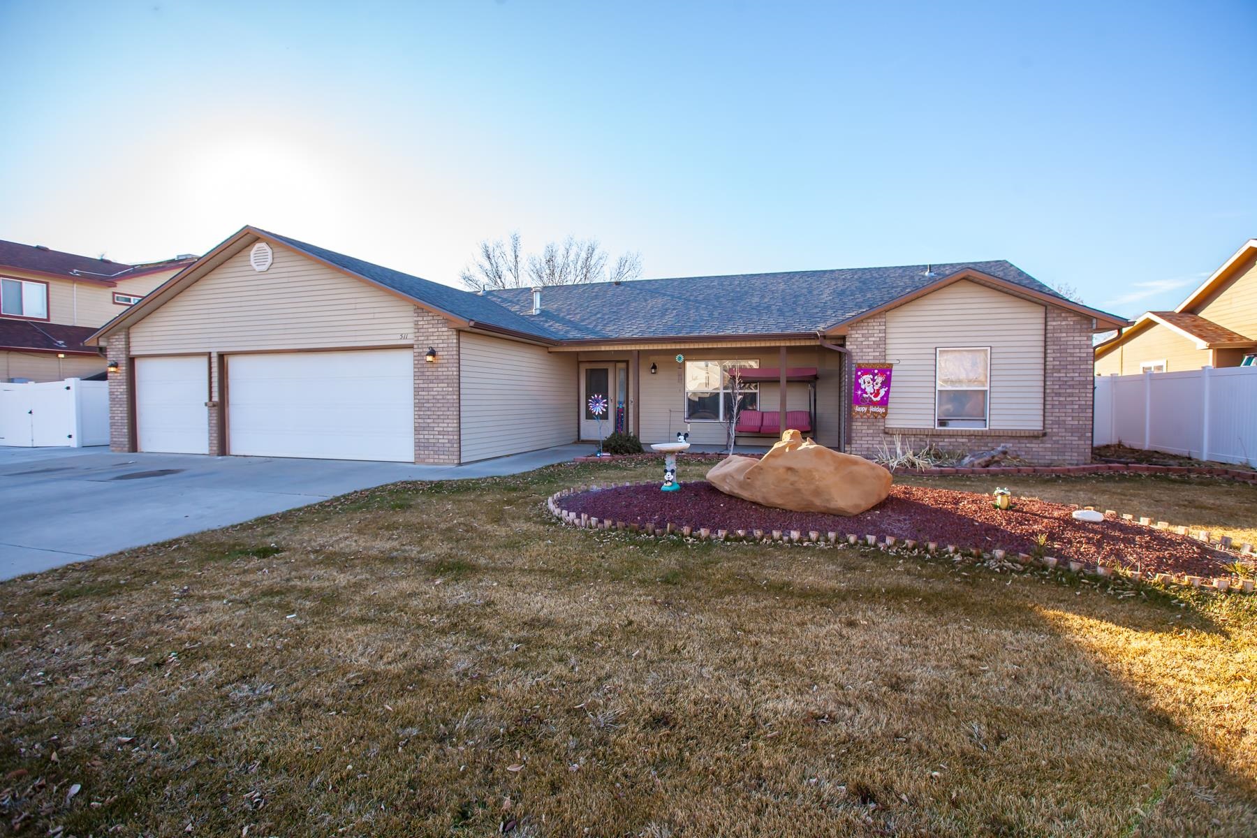 Lovely 3 bed 2 bath home in well kept Fruita neighborhood. Split bedroom floor plan. Primary bedroom is great size with a 5 pc bath with garden tub and walk in shower with a big walk in closet. Large living area with vaulted ceilings. Great kitchen with all stainless appliances including a gas range/oven.(if you don't like gas for cooking there is and outlet already in place to put and electric range/oven, as well as the dryer can accommodate both) Lots of storage throughout, including attic space and large kitchen pantry. This awesome floor plan utilizes 1854 sf well including a mudroom with utility sink off three car garage. LVP flooring installed in 2023. New roof installed Sept of 2024, appliances are 2 years old. New condenser in A/C unit 2023. RV parking with concrete behind fencing.