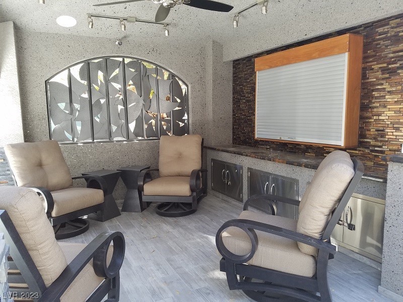 Located within the Class A Las Vegas Motorcoach Resort, this site fully built out east facing site has all luxuries you can imagine. The stucco and tile roof structures feature an entertainment area with two TVs with surround sound, lighting, and ceiling fans. The kitchen area has a full-size refrigerator, microwave, ice maker, BBQ, and dining area. There’s also a double roll-up door structure for all your storage needs. This site is move in ready!