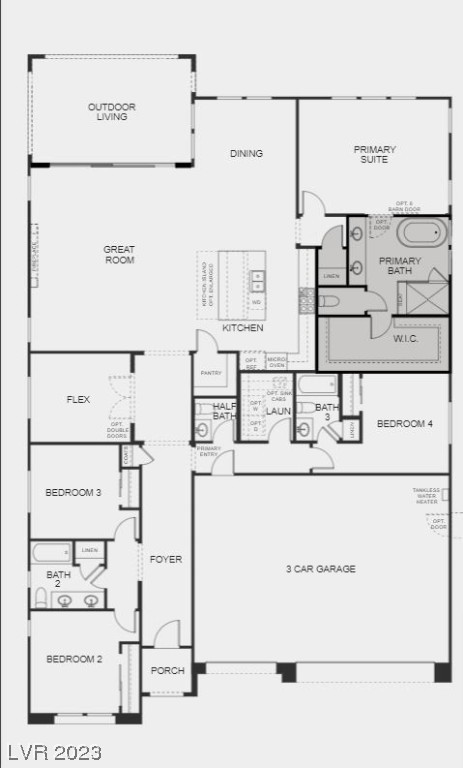  Structural options added include: 15'stacking sliding glass door at great room, garage service door, double doors at study, luxury owner's bath with freestanding tub and study.


