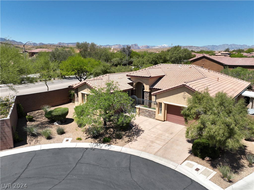 Stunning former MODEL on 1/3+ acre lot (largest in ares) at end of CUL-DE-SAC in GATED ALL SINGLE-STORY community. MOUNTAIN VIEWS in heart of Mtns Edge. Gorgeous w/private COURTYARD & iron gate entry, 3 bd, den/office, primary bdrm retreat, 3 bath, laundry w/sink & cabinets, 3-car finished garage w/epoxy floors, water softener, ALARM SYSTEM.
HIGHLY UPGRADED - 12’ ceilings, GREAT ROOM, cozy fireplace, Crown Molding, Plantation Shutters, primary bdrm RETREAT w/closet & exit to backyard. Kitchen has granite counters, dbl ovens, cooktop, pull-out drawers, SS appliances, RO water system, breakfast bar, large dining area, loads of storage space. AMAZING BACKYARD OASIS 1/3+ ACRE PARADISE, huge covered patio & fan, fountain, fire pit, trees, walkway, mature landscaping. Enjoy the exclusive "Club at Yellowstone" with 3 pools, spa, full fitness center, bb court, picnic & playground. 24-hr security.  Nearby schools, dining, shopping, parks, dog park, hiking basketball, baseball & worship.