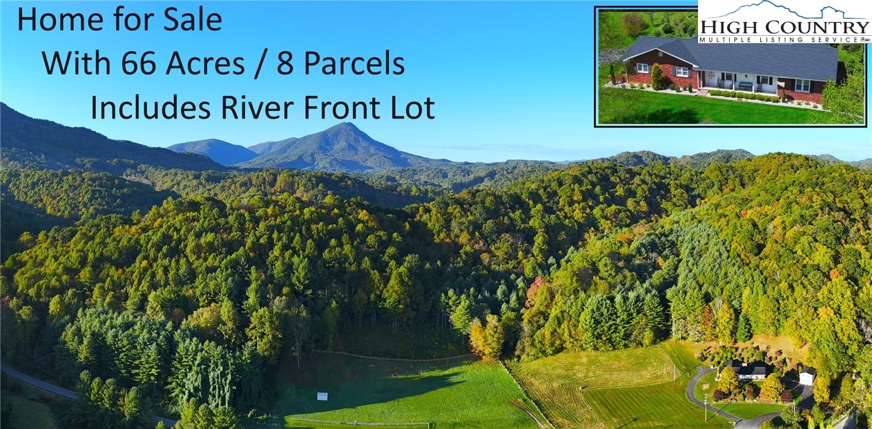On the Market for the first time, truly a piece of Ashe County's history, is a property in this family for generations. Nestled between the Rich Hill Creek and the New River, a stocked trout stream and one of the oldest Rivers in the world, with majestic mountains in the background are 66 meandering acres with a beautiful home, garage, and barns. Walk out the front door down to the New River to enjoy fishing, floating, kayaking, or sitting and enjoying the sunset. The Rich Hill Creek, to one side, offers a pleasant place to sit by the fire pit while entertaining friends and family. The creeks' soothing sounds will melt your stress away. The property has drivable trails, streams, springs, mature timber, and several buildable home sites with views of the mountains and the New River. Hike up to the two summits of the property. On the way to one summit, you will see the remains of the Riverview School water system; no longer in use, the rock school building was destroyed by fire in the 1970s. At the summit, enjoy a seasonal 360-degree mountain view. Generations have enjoyed picnics at this spot. The other summit offers several buildable sites with views of the New River winding around. The house is one level living with three bedrooms upstairs and three full baths.A newer sunroom was added to bring in lots of natural light and to enjoy the beautiful surroundings and plantings of the backyard.The house has undergone extensive updates.New roof in 2023. New HVAC compressor 2024. HVAC 2017 has a 5-year warranty transferrable. Newer windows. Security system.The basement level offers a kitchen,bath, new living, sleeping, flooring, walls, and paint. A new state-of-the-art moisture control system was installed in 2024 with a lifetime warranty. This house presents a ranch one-level charm with several newly added extras. The hardwood floor upstairs are wide plank with pegged boards, fireplaces, backup heat, and more, too many to list. This is a must see to appreciate property!