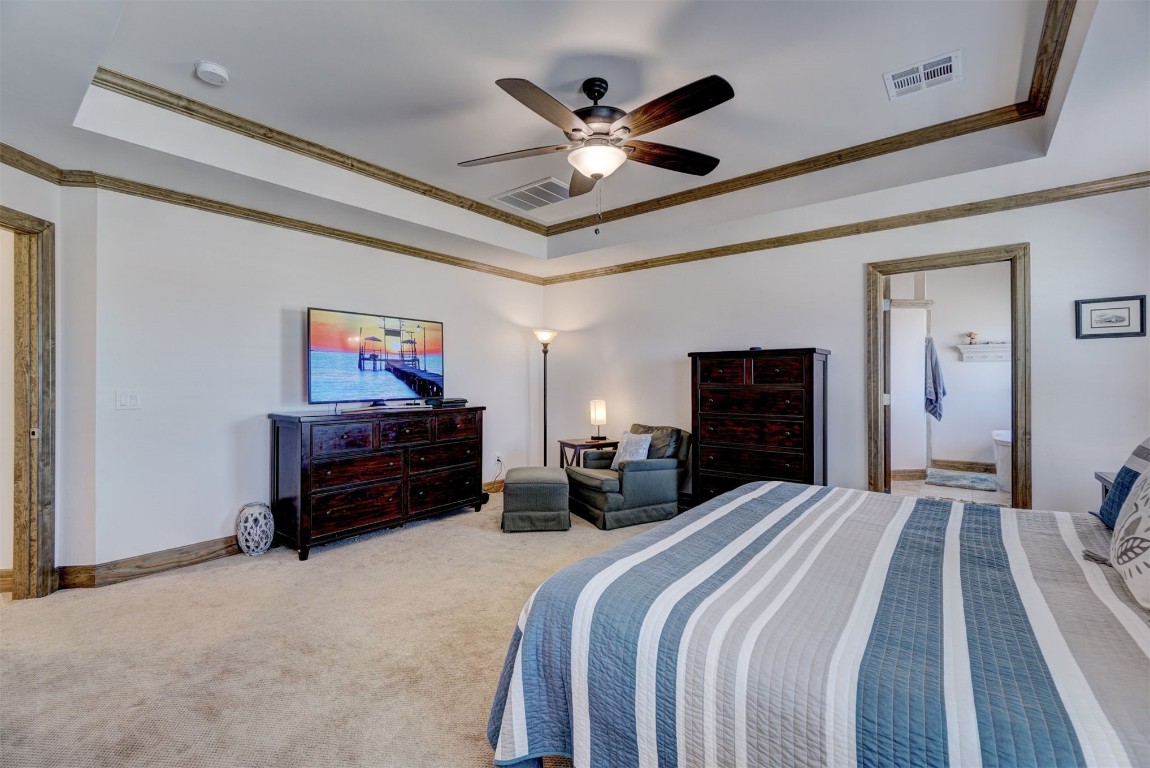 5851 Starry Night, Piedmont, OK 73078 carpeted bedroom featuring ornamental molding, a tray ceiling, and ceiling fan