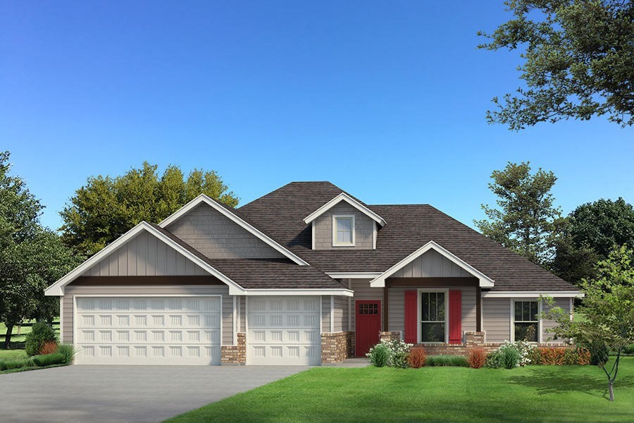 The Hazel floorplan has a total of 2,095 Sqft for living space, including 1,900 Sqft of indoor living & 220 Sqft of outdoor living that features a wood-burning fireplace, a gas line, & a TV hookup! This immaculate home offers 4 bedrooms, 2 full bathrooms, covered patios, a utility room, & a 3 car garage with an inground storm shelter installed. The great room presents an outstanding cathedral ceiling with a ceiling fan, a gorgeous corner gas fireplace with our stacked stone detail, large windows, crown molding, wood-look tile, & a barndoor. The high-end kitchen has stainless-steel appliances, decorative tile backsplash, custom-built cabinets to the ceiling, a large corner pantry, 3 CM countertops, more wood look tile, stunning pendant lighting, & an oversized center island that holds a farm sink & a dishwasher. The primary suite spotlights a sloped ceiling detail with a ceiling fan, windows, & our cozy carpet finish. The spa-like prime bath has a Jetta Whirlpool tub, a dual sink vanity, a walk-in shower, a private water closet, & a huge walk-in closet with horizontal and vertical storage opportunities. Other amenities for this energy efficient home include a tankless water heater, a fresh air ventilation system, R-44 and R-15 insulation, & so much MORE!