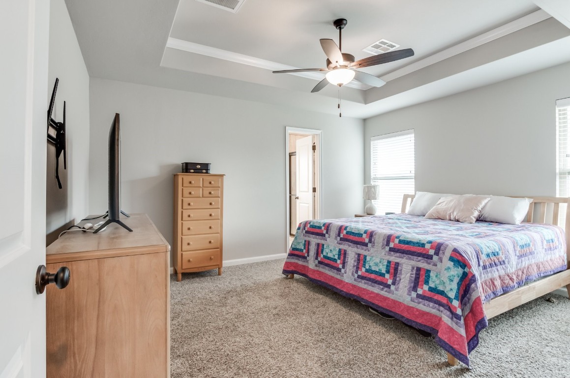 1311 SE 17th Street, Newcastle, OK 73065 bedroom featuring a tray ceiling, ceiling fan, and light colored carpet