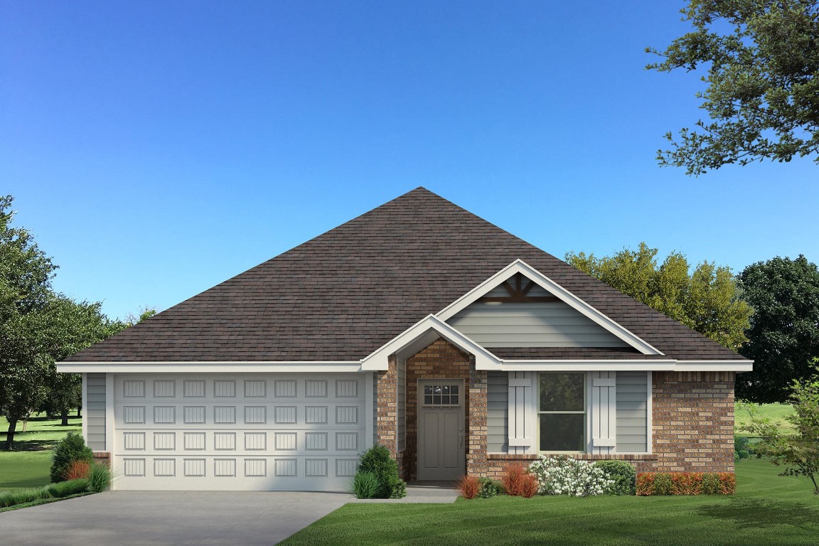 This John floor plan includes 1,310 Sqft of total living space, which includes 1,200 Sqft of indoor living space & 110 Sqft of outdoor living space. There is also a 385 Sqft, two car garage with a storm shelter installed. Home offers 3 beds, 2 baths, 2 covered patios, & a utility room! The living room includes high ceilings, exquisite wood-look tile, a ceiling fan, the perfect sized windows, & Cat6 wiring. The kitchen spotlights custom-built cabinets with decorative hardware, stainless-steel appliances, decorative tile backsplash, elegant countertops, & wood-look tile. The primary suite features 2 windows, a ceiling fan, our cozy carpet finish, & a sizeable walk-in closet. Attached is the primary bath, which holds a dual sink vanity complimented by a 3 CM quartz countertop, satin nickel features, & a walk-in shower with tile to the ceiling. Outdoor living includes fully sodded yards, a smart home irrigation system, & 30-yr weather wood shingles. Other amenities include a water-saving tankless water heater, a fresh air intake system, R-15 & R-38 insulation, & so much more!