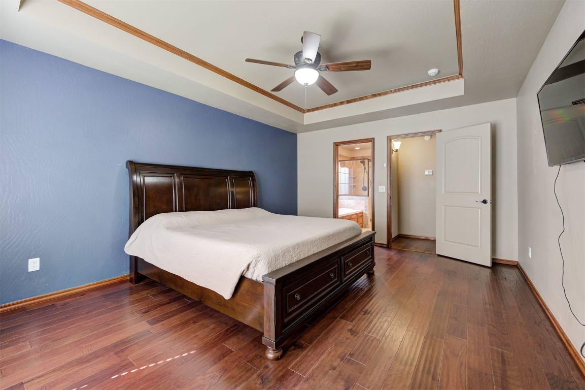 17208 Prado Drive, Oklahoma City, OK 73170 bedroom featuring ceiling fan, ensuite bath, a tray ceiling, and dark wood-type flooring