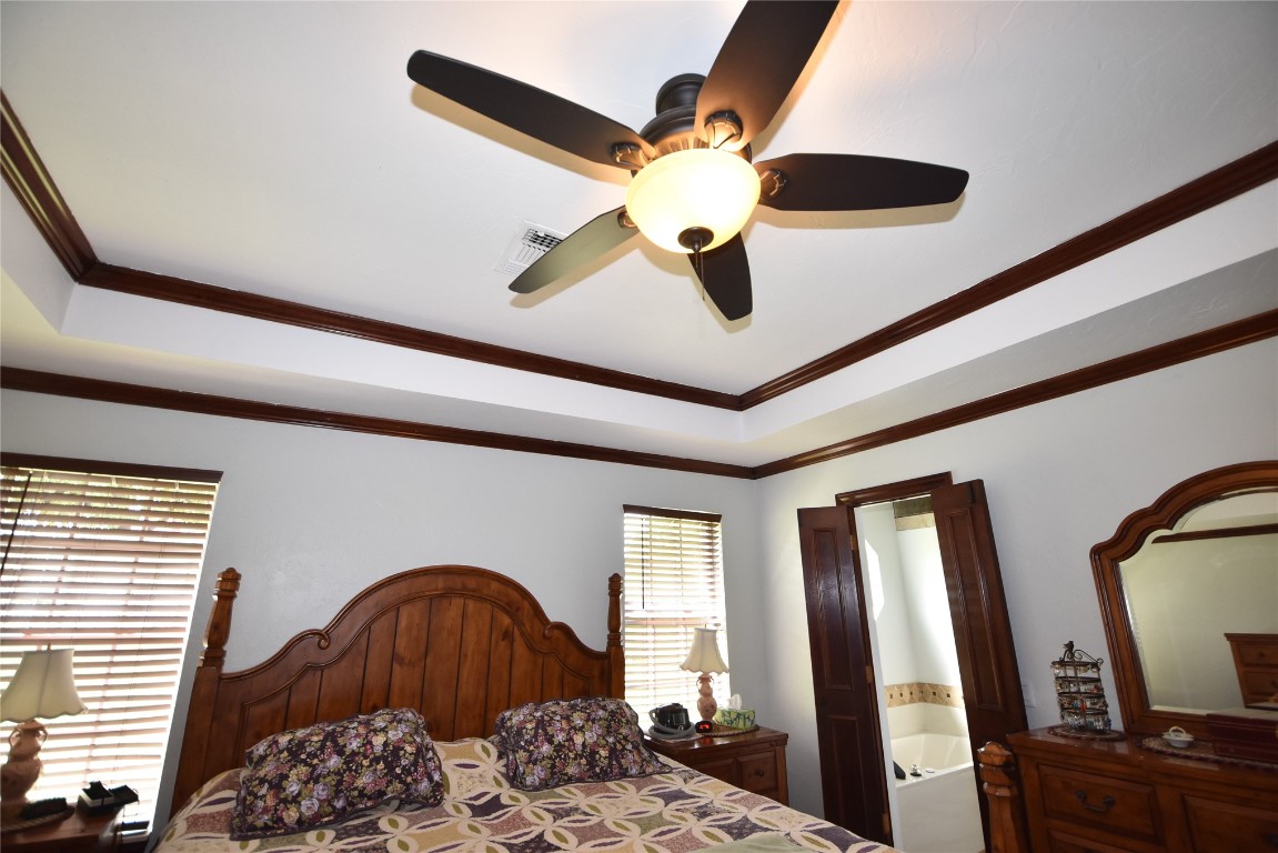 4200 Ainsley Court, Edmond, OK 73034 bedroom with ornamental molding, ceiling fan, and a raised ceiling