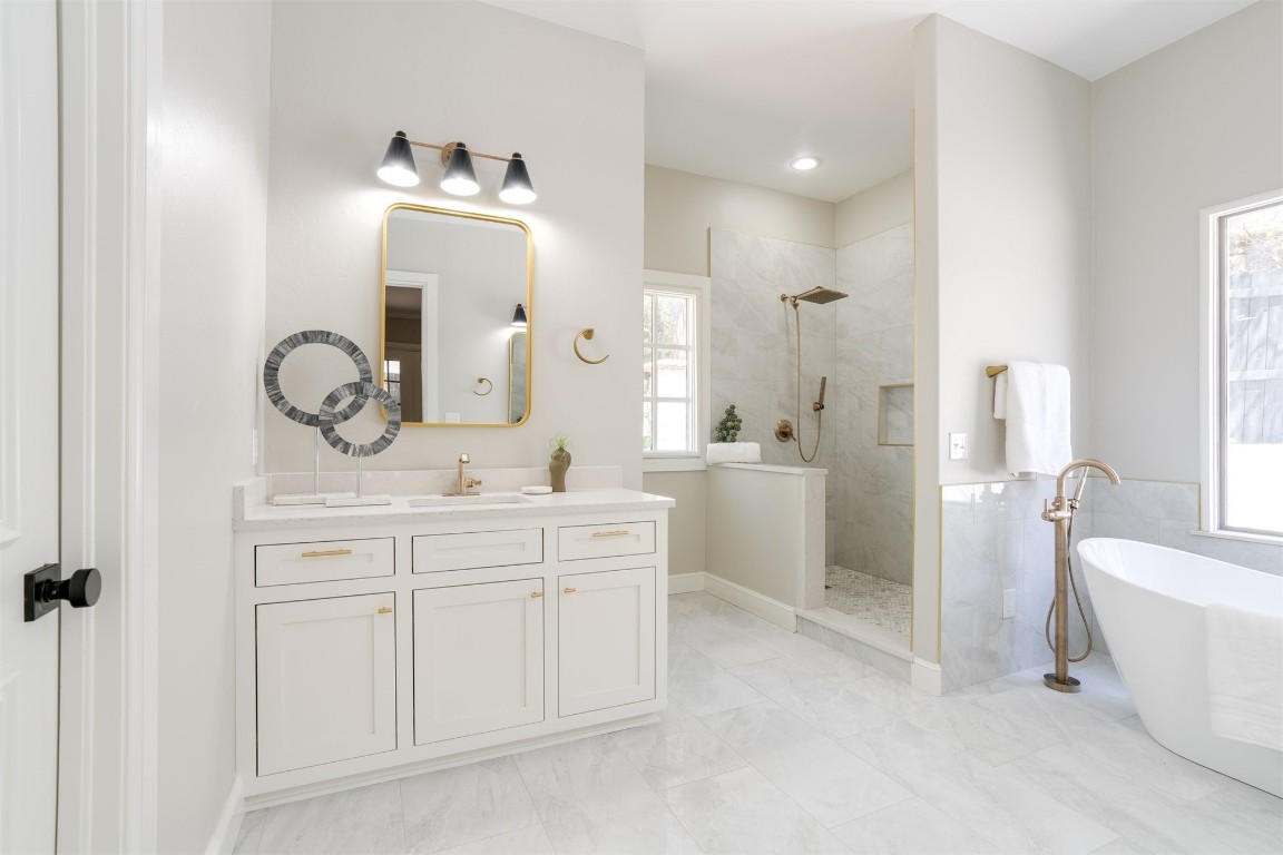 3624 Hunters Creek Road, Edmond, OK 73003 bathroom featuring tile flooring, independent shower and bath, and vanity
