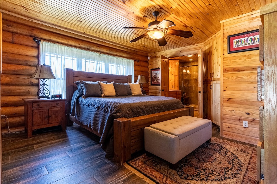 Address Hidden bedroom featuring log walls, ceiling fan, dark hardwood / wood-style flooring, wooden ceiling, and wood walls