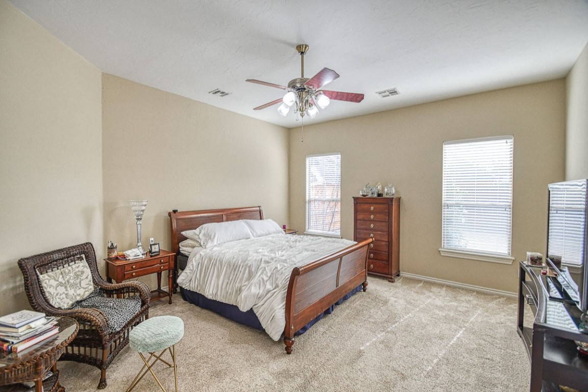 4508 Greystone Lane, Norman, OK 73072 bedroom with light carpet, ceiling fan, and multiple windows