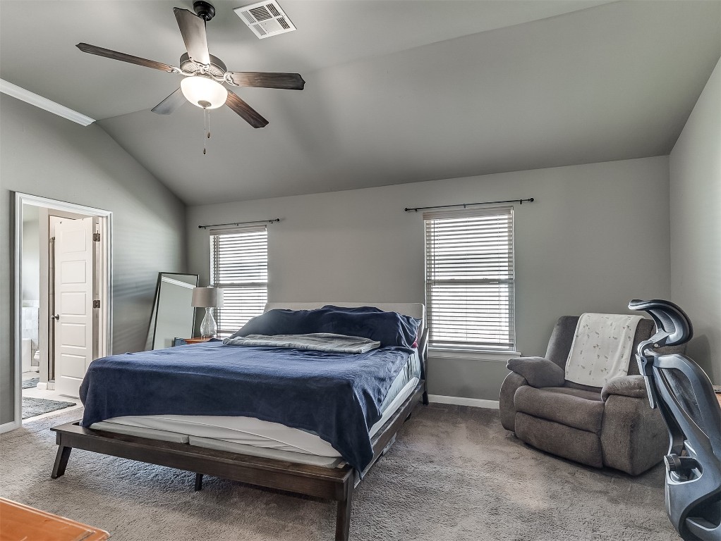 6716 NW 158th Street, Edmond, OK 73013 bedroom with vaulted ceiling, ceiling fan, carpet flooring, and ensuite bath