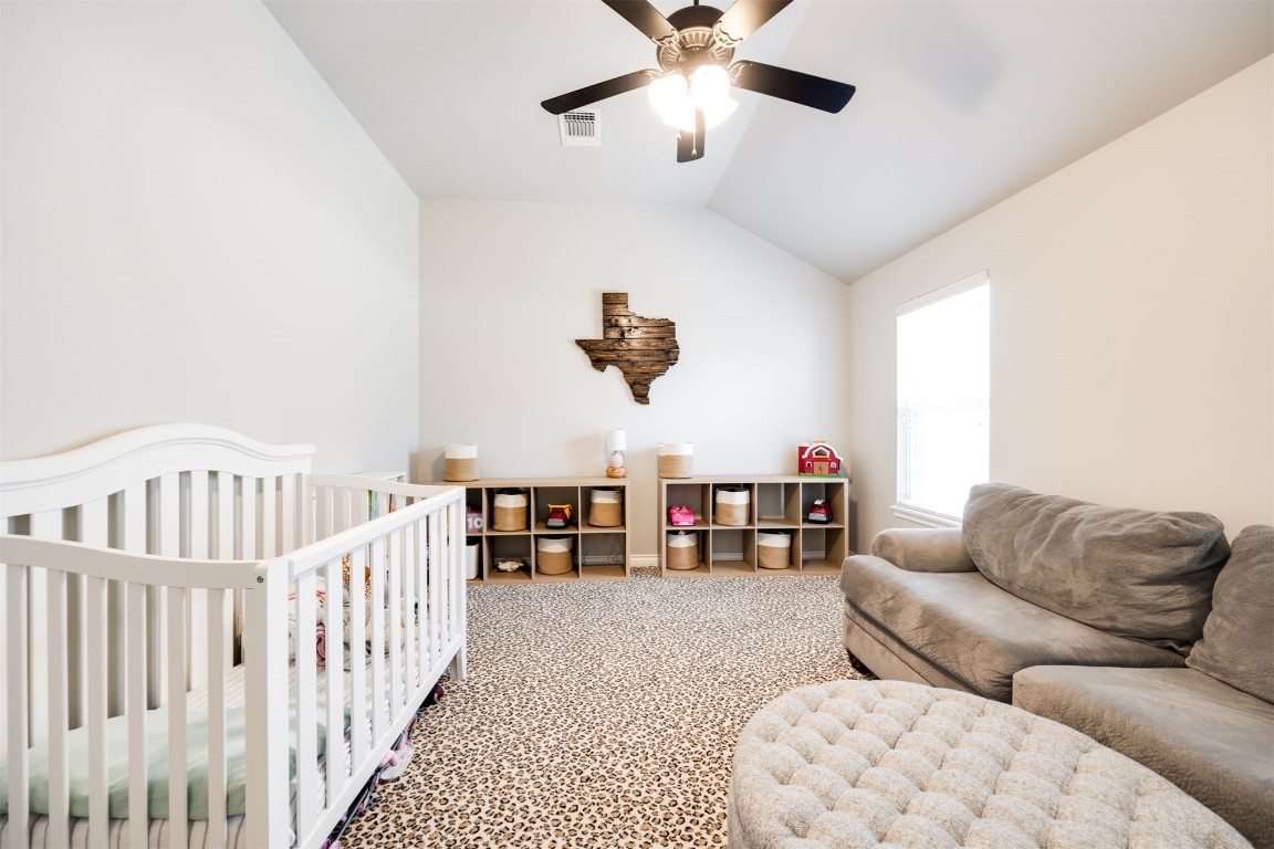 2321 NW 187th Terrace, Edmond, OK 73012 bedroom with lofted ceiling, ceiling fan, carpet flooring, and a crib