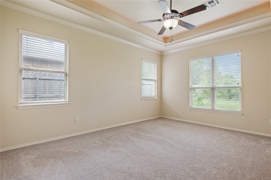 16209 Scissortail Drive, Edmond, OK 73013 carpeted empty room with crown molding, ceiling fan, and a raised ceiling