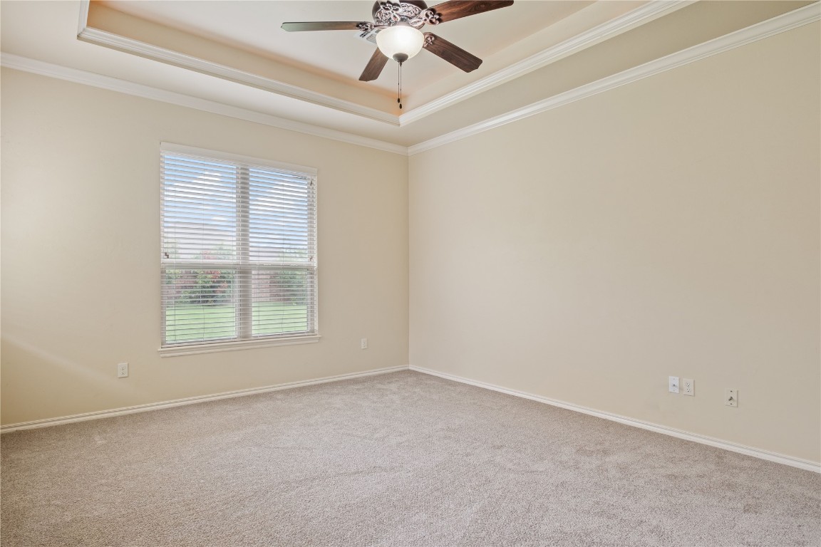 16209 Scissortail Drive, Edmond, OK 73013 carpeted empty room with ceiling fan, a wealth of natural light, and a tray ceiling