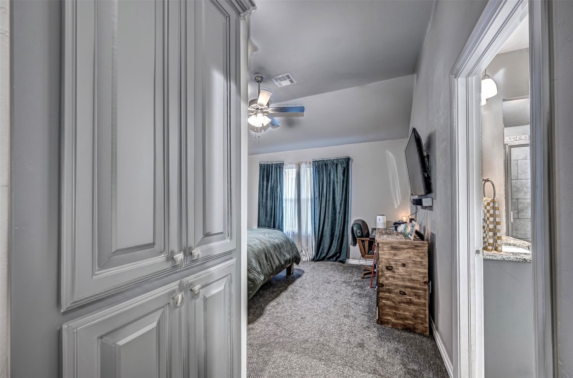 4112 Alnwick Lane, Oklahoma City, OK 73179 bedroom with ceiling fan, multiple windows, and carpet floors
