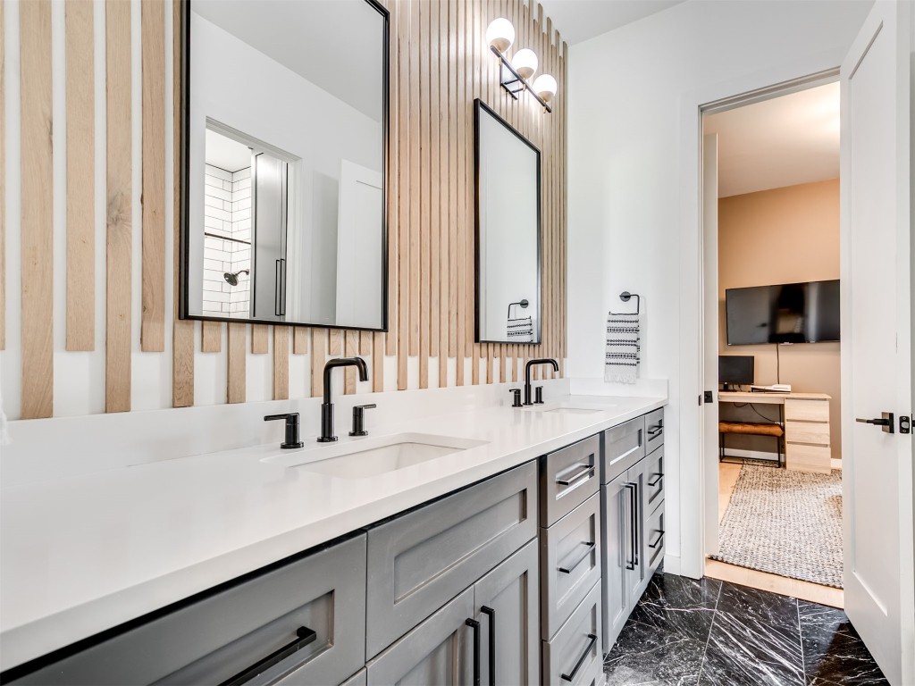 18320 108th Street, Lexington, OK 73051 bathroom featuring oversized vanity, double sink, and tile flooring