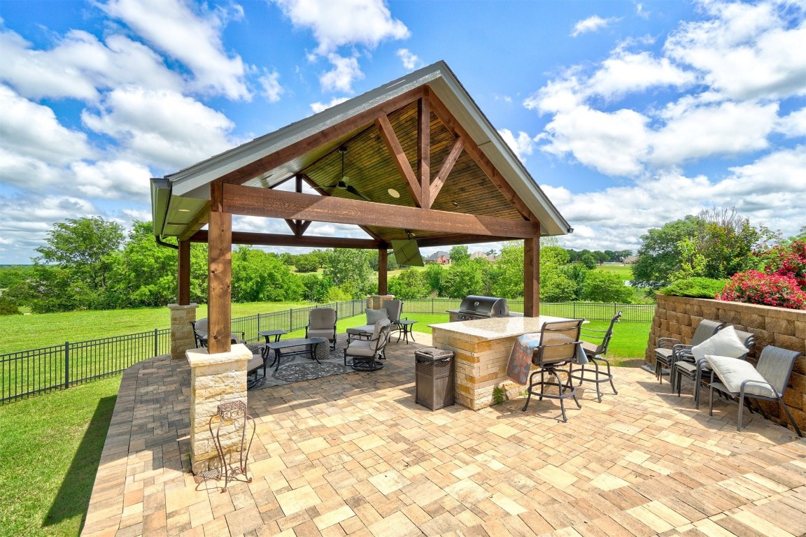 1918 Tyler Terrace, Prague, OK 74864 view of patio featuring an outdoor living space, a gazebo, area for grilling, and an outdoor kitchen