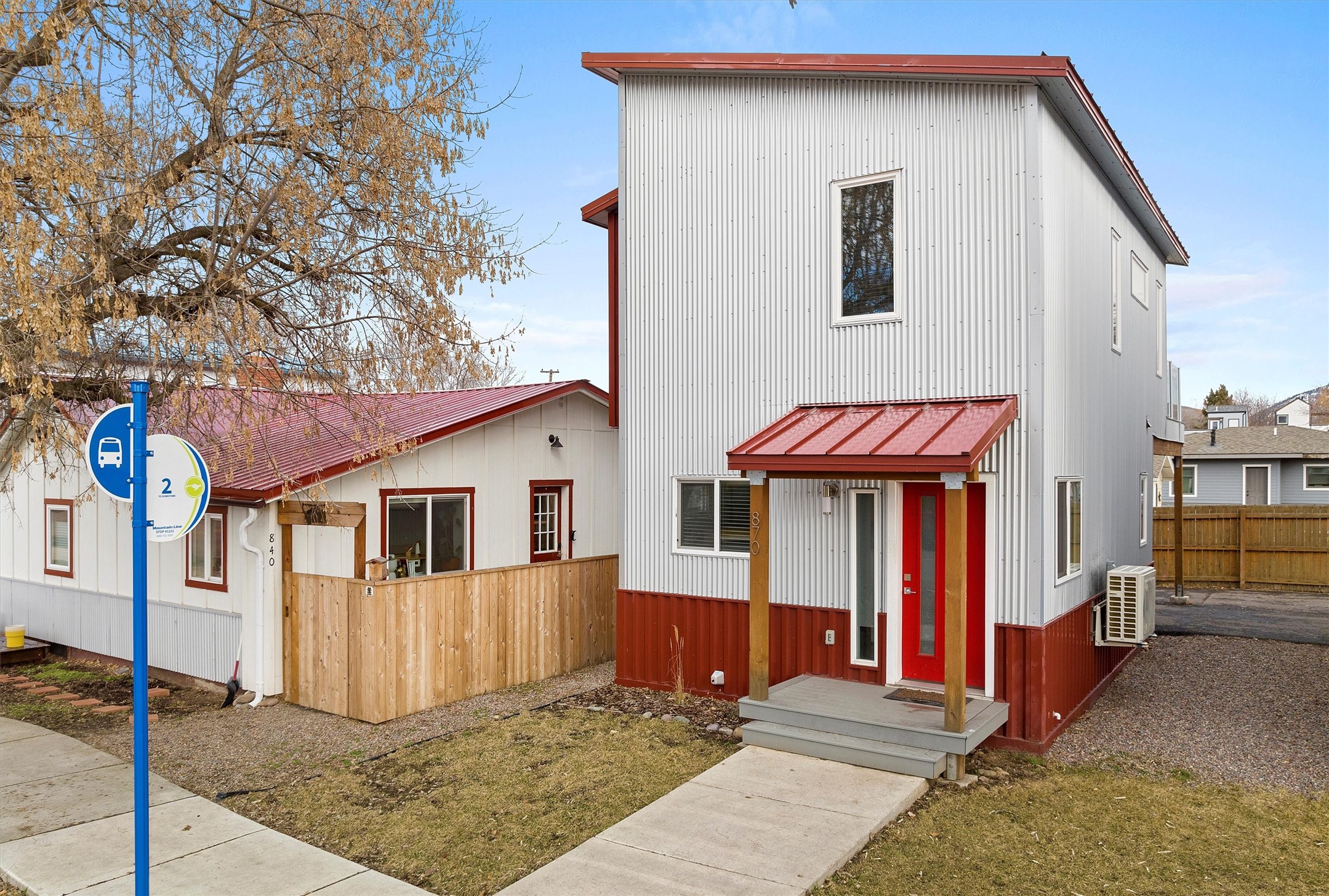 Open House 4/28 1:30-3 PM. Enjoy low-maintenance living in this 2bd/1.5 bath stand-alone home with no shared walls in central Missoula!  The kitchen is beautiful with white quartz counters, tile backsplash, stainless appliances, and a large bar seating area.  The efficient floorpan makes excellent use of the space with a living room and 1/2 bath also located on the main floor.  Upstairs you will find 2 bedrooms and a full bath as well as a generous deck with views to the east and transparent railing to maximize the light and views while you relax on your outdoor deck.  This home was built in 2017 and provides a/c through a brand new mini-split HVAC system installed in 2023.  Low-maintenance metal siding and quality finishes mean you can spend less time maintaining your home and more time enjoying all that Missoula has to offer.  There is even a bus stop right out the front door!  Call Shannon Hilliard at 406-239-8350 or your real estate professional today!