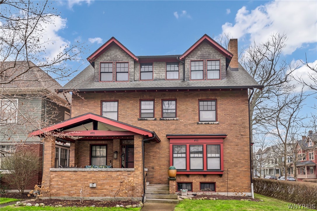 OPEN HOUSE Sat, 4/20 from 11-1! Welcome to 495 Lafayette! This stunning 4,275 sq ft home features 5 bedrooms, 3.5 baths, gorgeous arts & crafts woodwork throughout w/4 additional rooms on the 3rd floor! Located on the corner of Lafayette & Norwood this stately, brick home includes off-street parking & fenced-in backyard. Greeting you out front is your private front porch. The formal entryway flows into the cozy den, 1st floor half bath & built-in Cary safe. French doors give you access to the sizable living room w/tons of natural light & gas fireplace (NRTC). Pocket doors lead into the spacious dining room w/2nd gas fireplace, beautiful wainscotting & stained-glass windows. On your way to the kitchen is a walk-through butler’s pantry. Off the eat-in kitchen is access to the back door & 2nd staircase. On the 2nd floor is one ensuite bed and bath, 3 more bedrooms, walk-in closet (or 5th bedroom) & additional full bath. On the 3rd level are 4 additional rooms and a 3rd full bath. Updates include: roof ‘15, boiler ‘14, HWT ‘17, exterior paint ‘16, driveway ‘17, some windows restored ‘13, new gutters ‘11, reflash chimneys & caps ‘15, new kitchen & pantry hardwood floors ‘10.