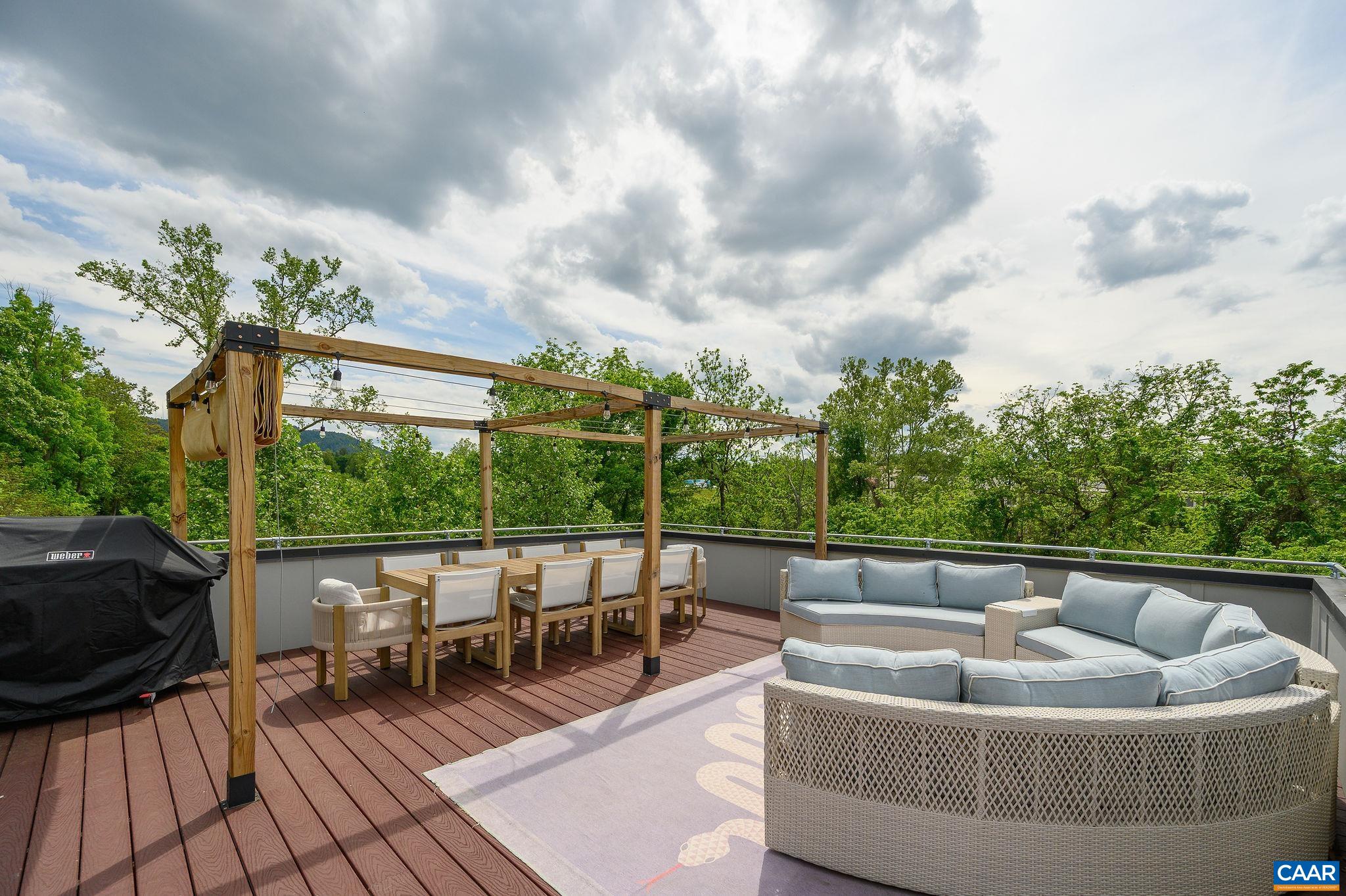 Just steps from vibrant city living, this stylish, contemporary home sits peacefully on a quiet cul-de-sac, overlooking preserved city green space. Step onto the scenic, wooded Rivanna Trail to stroll along Moore's Creek, or head to the Downtown Mall, Belmont, Ix Park, or 5th Street Station—all walkable destinations. Nearly new, the home features large energy-efficient windows that flood the space with natural light, custom blinds and vaulted ceilings across three generous bedrooms. Stunning  oak floors span the top two levels. The popular open-concept layout seamlessly combines the Dining Room, Kitchen, and Living Room—ideal for entertaining or relaxed everyday life. Additional high-end features include a custom-designed kitchen (sleek grey cabinetry, quartz countertops, tile backsplash, and stainless-steel appliances) and upgraded baths (designer tile, frameless glass shower, and double vanity in the Primary Bath). The best part--the rooftop terrace!  It's the entire footprint--large enough for multiple seating areas; and mountain and greenspace views. Offering a perfect mix of nature and city convenience.