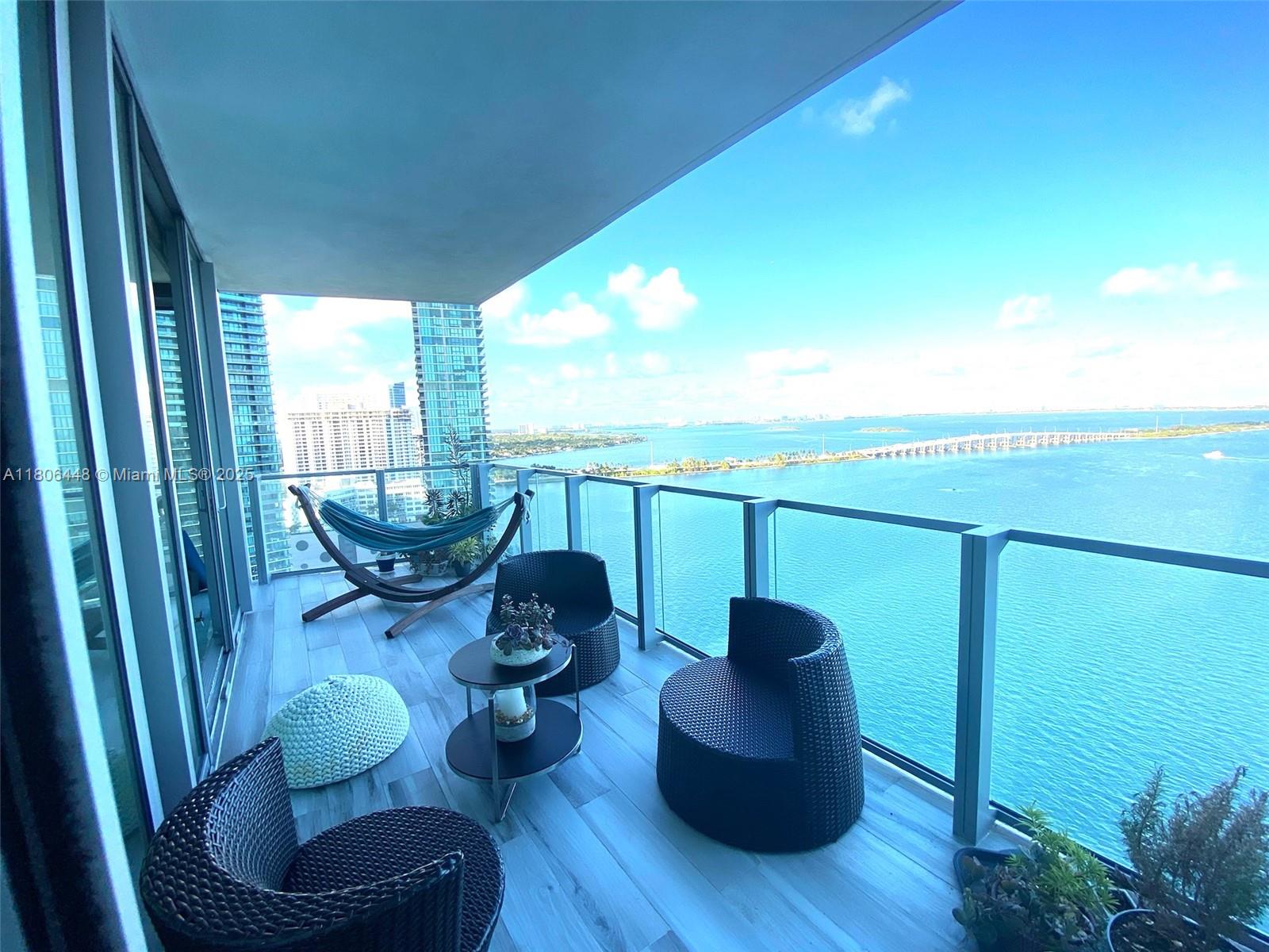 Spectacular luxury Condominium, DIRECT BAY North East Corner unit 3 BEDROOM + DEN with 4 FULL baths. Located in the trendy neighborhood of Edgewater. Marble floors throught the entire apartment, top of the line Miele appliances. Enjoy the incredible resort style amenities Biscayne Beach has to offer including beach club, 2 pools , 2 tennis courts, restaurants, Spa, Gym and plenty more. Exquisitely decorated and distinguished decorator furniture. This property can be sold furnished. Sold separately.