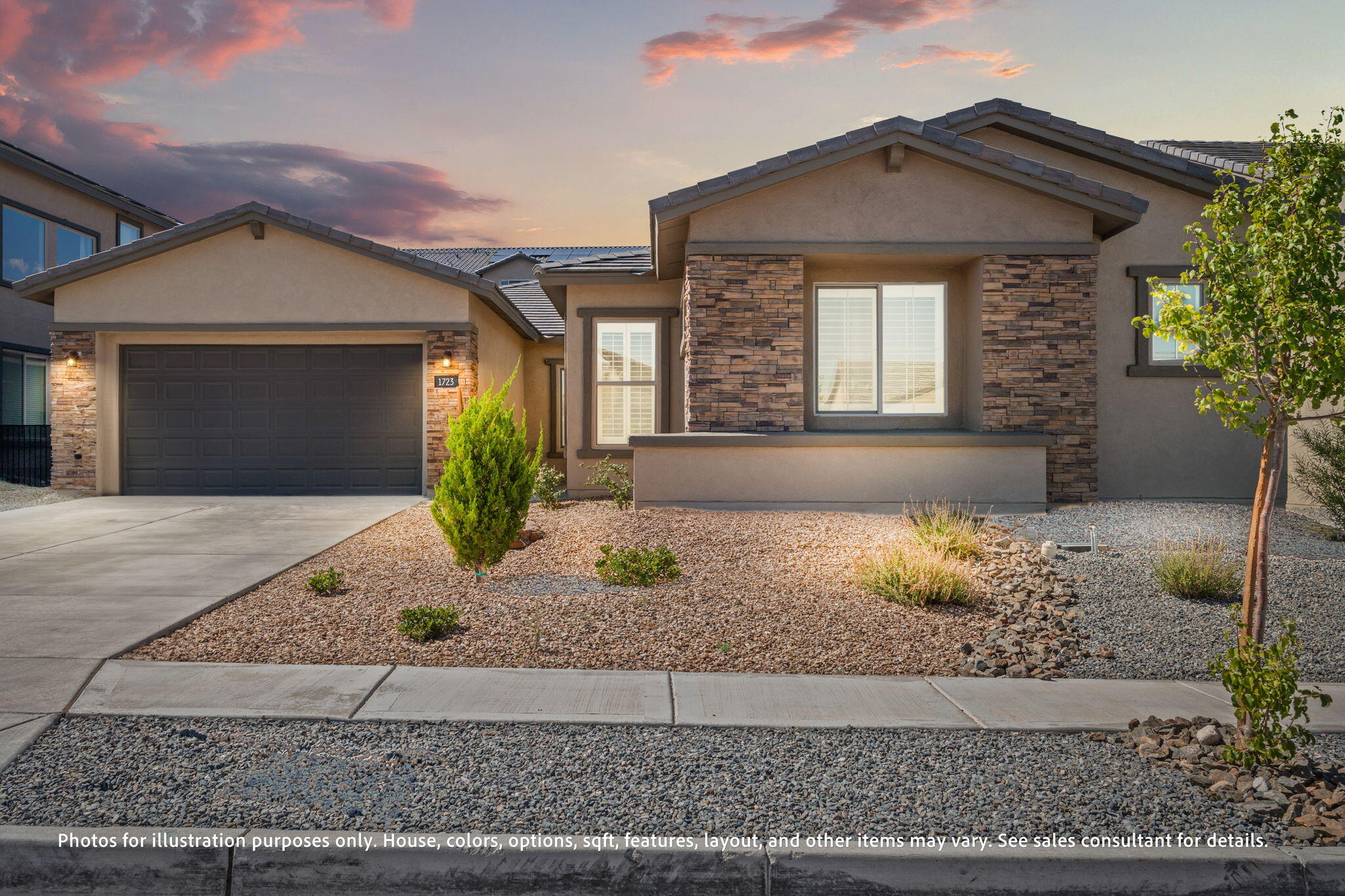 Offering 5k flex cash! This beautifully designed home offers ideal MULTIGENERATIONAL living with a private guest suite with its own entrance, living space with a fireplace and built-in LED lighting, bedroom, 3/4 bath, and walk-in closet. The main living area features an open layout with custom accent walls, floating shelves, and a sleek marble-tiled fireplace. The kitchen includes double ovens, a large quartz island, and a huge walk-in pantry. Additional storage is provided by a generous linen closet. The owner's suite includes a separate tub and shower, and double sinks with a built in vanity. Custom shutter blinds are installed throughout the home. Two sliding glass doors lead to the covered patio and gas stub out, perfect for indoor/outdoor living. Garage includes a 220 outlet.