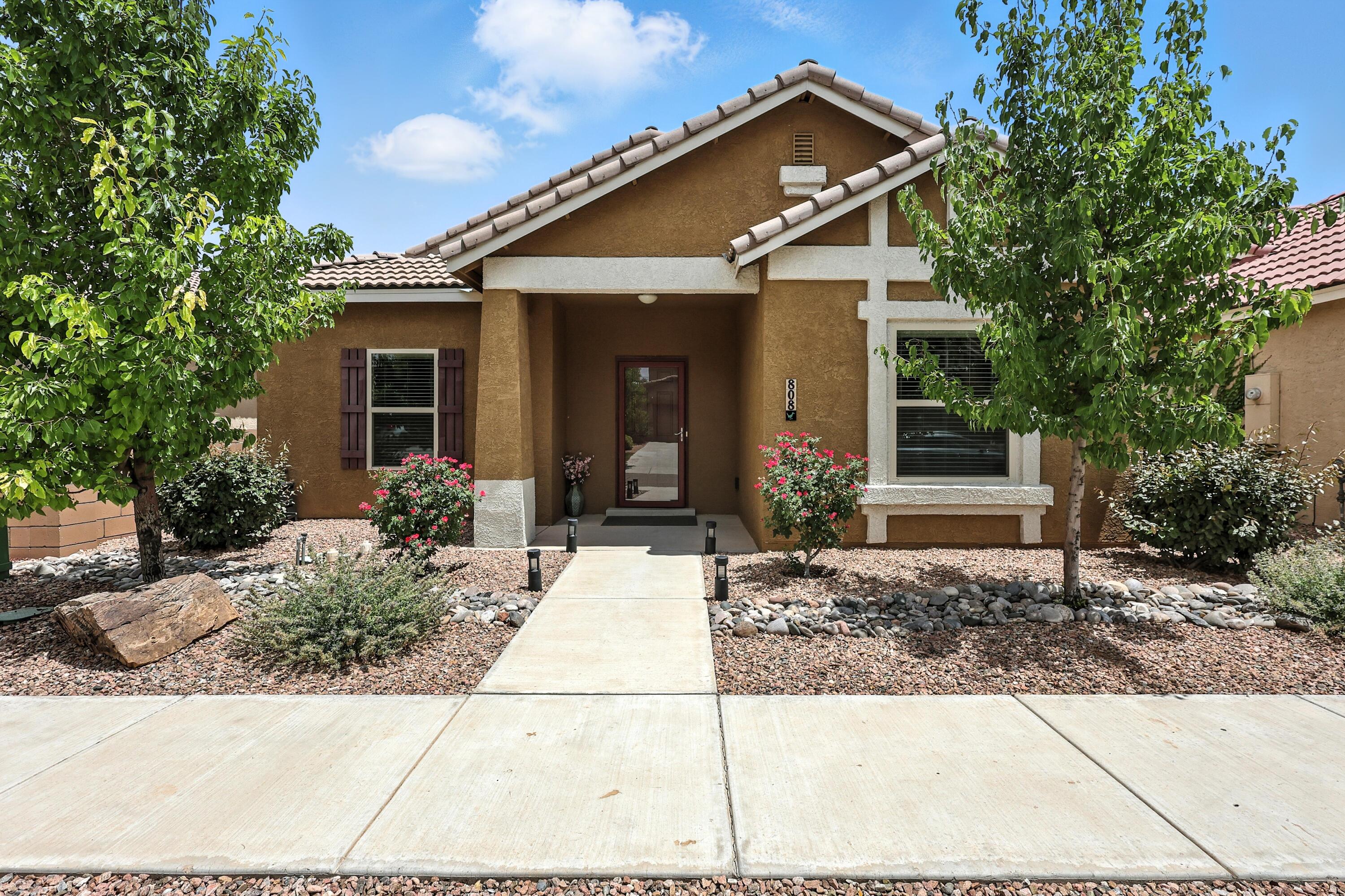 PRICE IMPROVEMENT!! CONVENIENT living in Aldea at Santiago for $384,000! Cozy 1739 sq. ft. home includes 3 bedrooms, 2 baths, an additional study/office and generous sized 2 car garage with additional off-street parking. MOVE-IN READY! with soothing neutral colors throughout. Open floorplan perfect for entertaining with a cozy fireplace, laminate flooring and Study/office just off the main living area. Stainless steel appliances, granite countertops, and pantry in kitchen. Primary bedroom has a walk-in closet, soaking tub and separate shower.  Private patio with electric retractable canopy and storage shed for your outdoor tools. Front landscaping maintained by the HOA.  Close to shopping, restaurants, healthcare. Neighborhood park and Bosque River Trails closeby. Quick access to I-25.