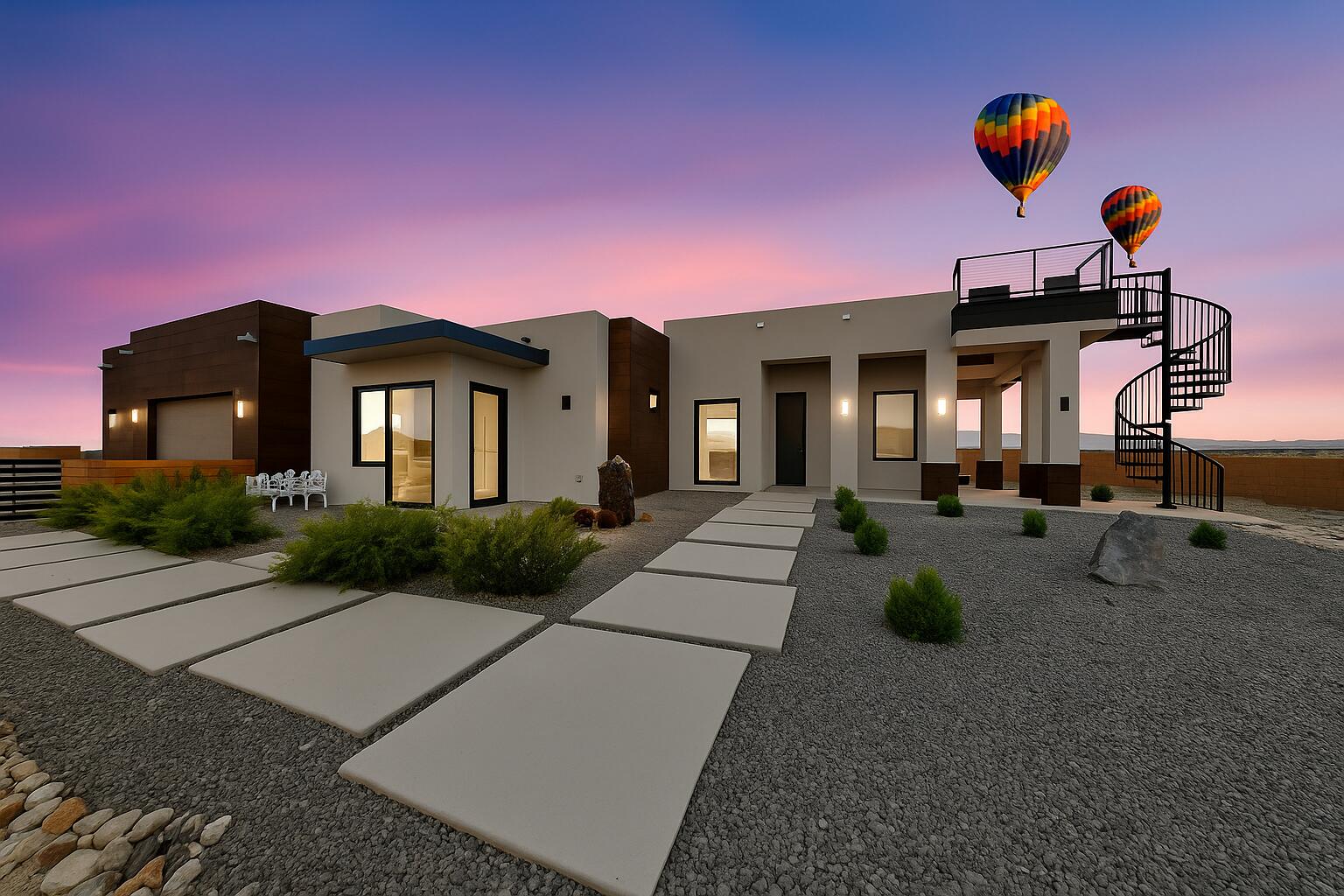 Experience breathtaking Sandia Mountain views from this showstopping custom home in Petroglyph Estates, designed by Eric Spurlock. From the striking 14' ceilings to the expansive picture windows and designer chandeliers, every detail exudes luxury. Enjoy dual patios, a custom upstairs view deck with fire features, and a built-in BBQ--perfect for entertaining. The chef's galley kitchen boasts black stainless appliances, a waterfall granite island, and custom cabinets. Unwind in the spa-like primary suite with soaking tub, walk-in shower, and dual walk-in closets. Practical perks include two laundry rooms, a 3-car garage with a Dog Wash Station, and an RV pad. Outside, a wood-burning fireplace and a very nice dog run elevate everyday living--this home is pure perfection.