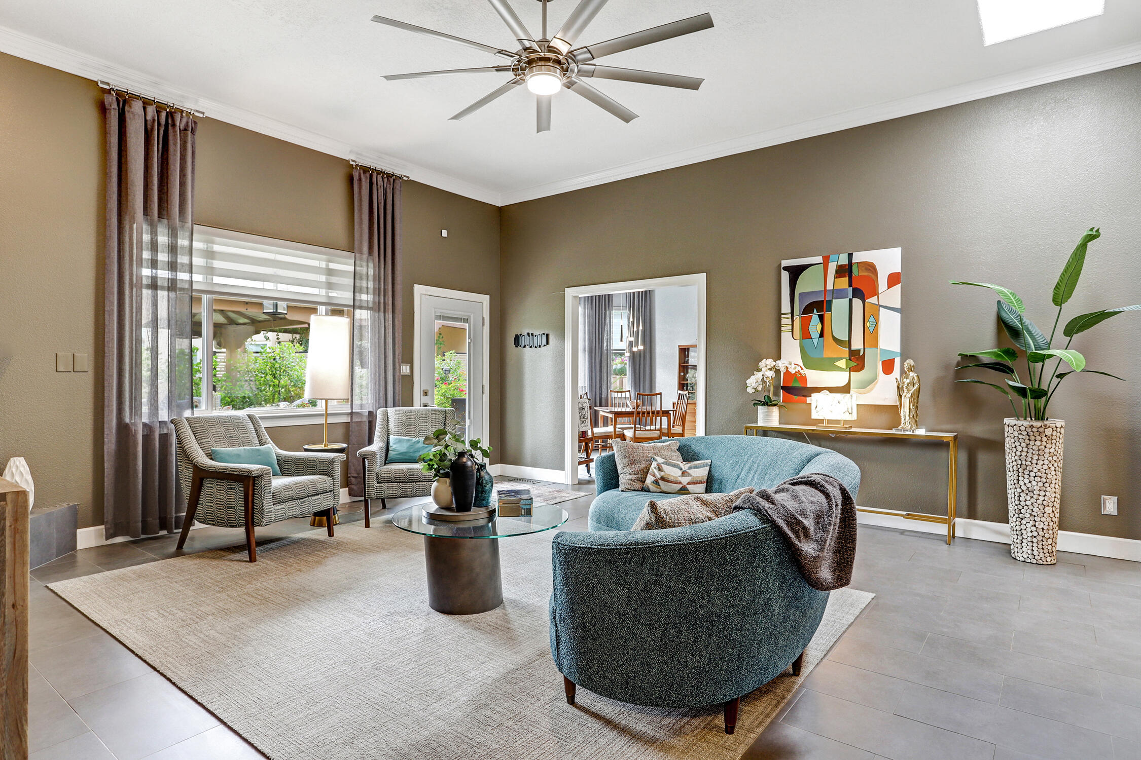 Located in The Meadows on Rio Grande within the highly sought after Thomas Village neighborhood, this four-bedroom home is a true gem offering elegance, style and an abundance of storage with multiple walk-in closets throughout. As you enter this well designed home, a bright entryway with abundant natural light greets you and leads you to all the best this beautiful home offers. A comfortable dining room overlooking the meticulously maintained front courtyard; a spacious living room with high ceilings and cozy gas fireplace overlooking the lush backyard; easy access to the covered porch and stone patio with pergola for added outdoor living and entertaining spaces.