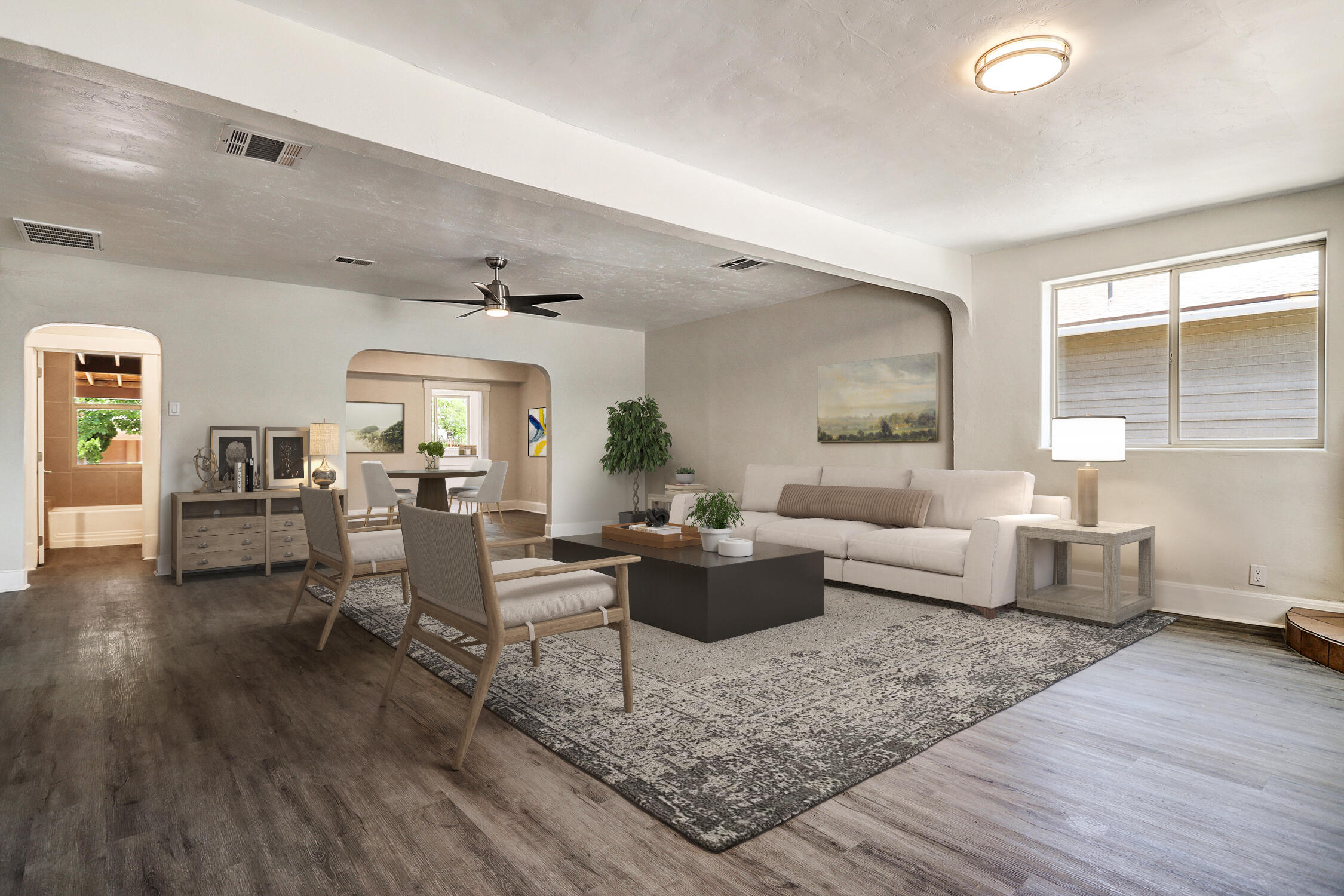 Discover a beautifully reimagined home where timeless charm meets thoughtful updates in one of Albuquerque's most character-filled neighborhoods. The bright, modern kitchen features sleek new cabinetry, gorgeous new countertops, and stainless steel appliances. One of the bedrooms includes a private entrance, tongue-and-groove ceilings, and exposed vigas, offering flexibility for guests, a home office, or creative space.Major improvements include a new roof, HVAC system, water heater, and more. The spacious, private backyard is a peaceful escape--perfect for entertaining, gardening, or relaxing under the stars.Situated on a picturesque,tree-lined street with Slow Burn Coffee just steps away and minutes from Cocina Azul, parks,restaurants, galleries,museums, local markets, and so much more.